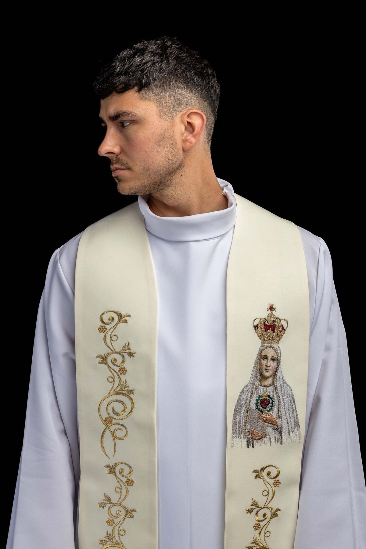 Embroidered stole upper front showing Our Lady image and gold scrolling embroidery