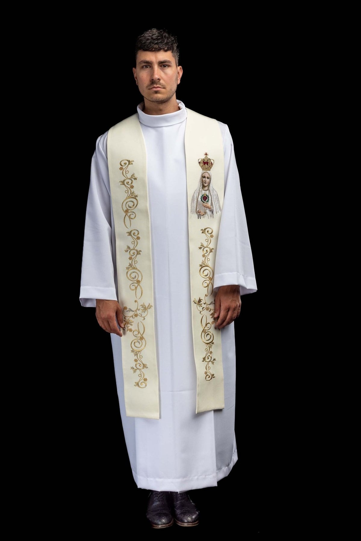 Embroidered stole shown worn from the front with Our Lady image and gold embroidery