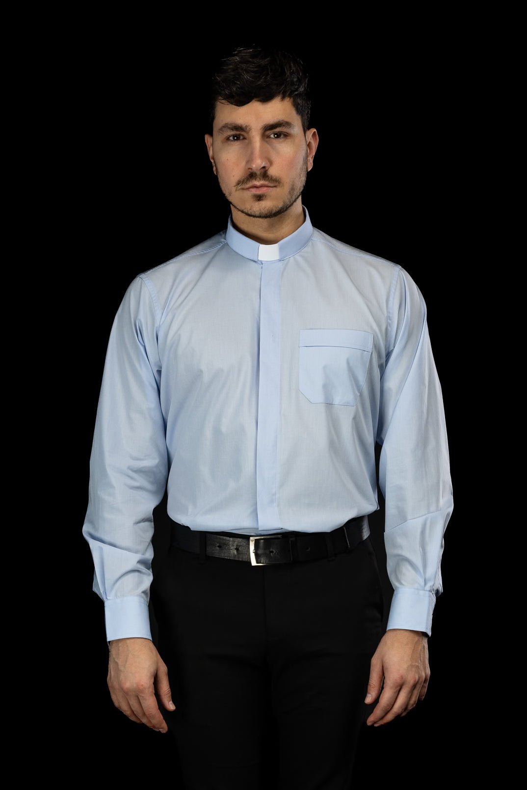 Light blue clergy shirt full front view with long sleeves and chest pocket