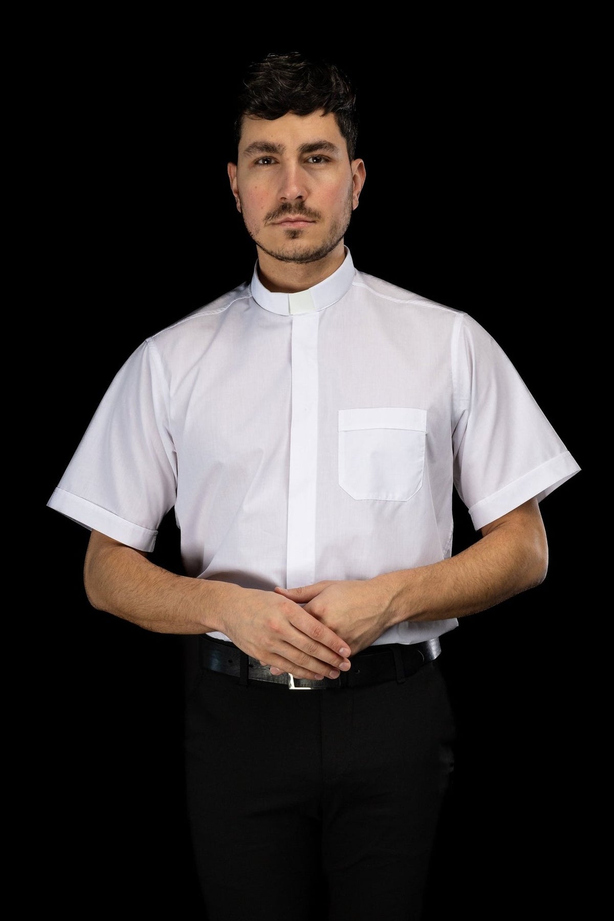 Clergy shirt front view worn with the clerical collar and chest pocket