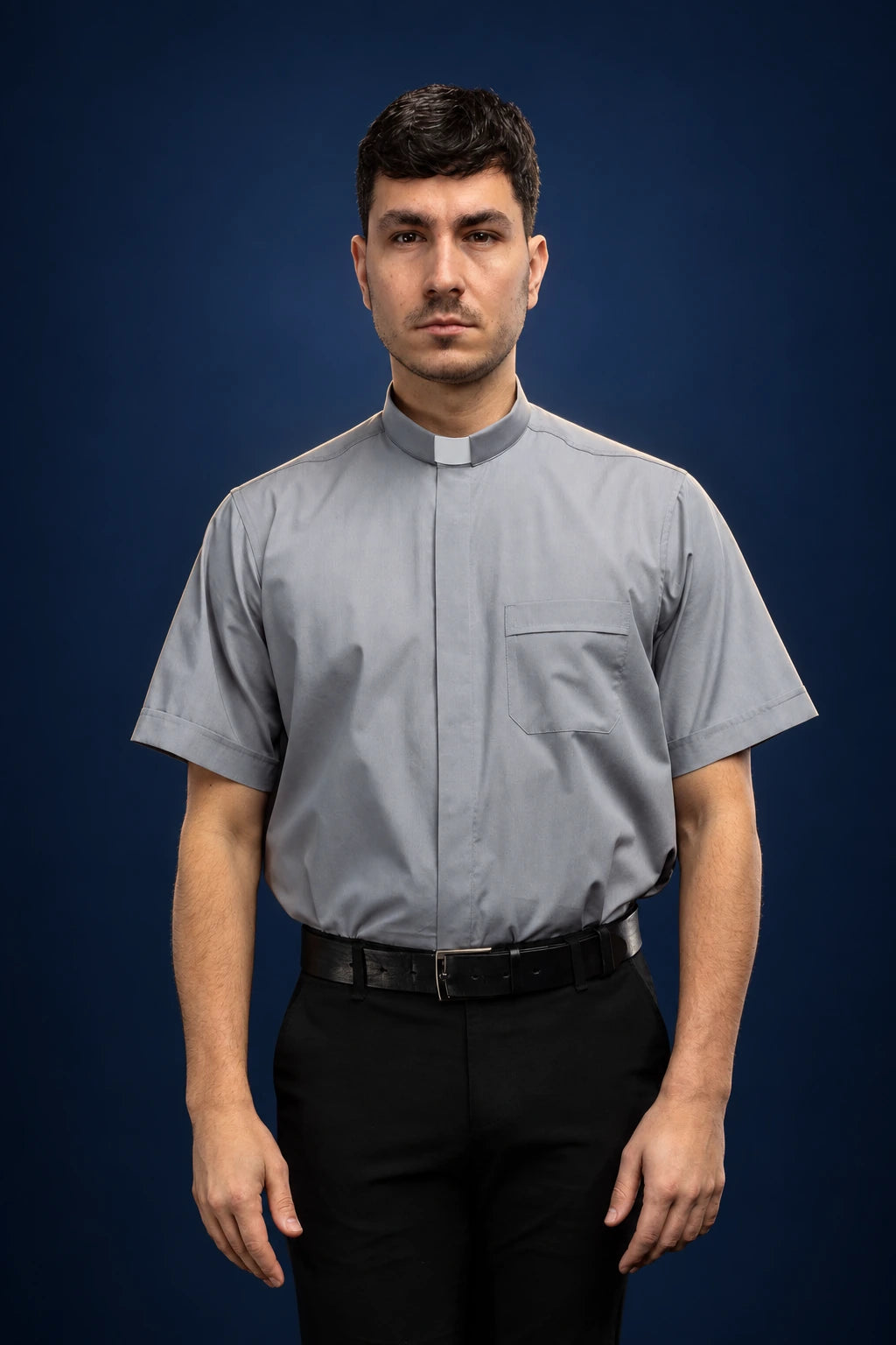 Light Gray Clergy Shirt with Short Sleeves and Clerical Collar, front view with chest pocket
