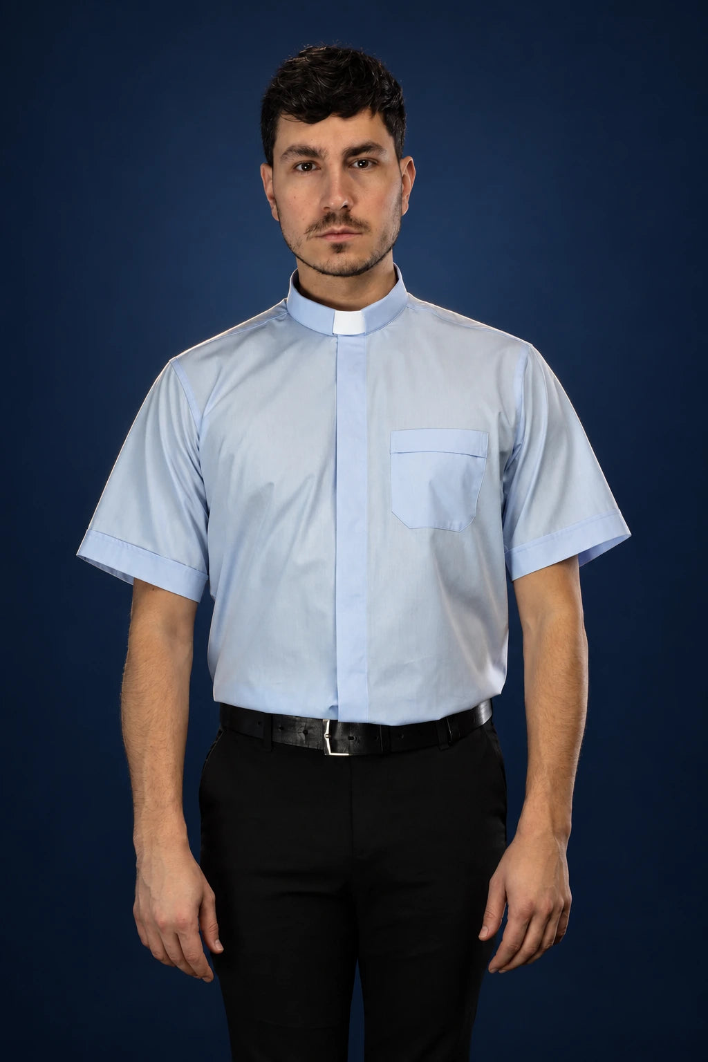 Light Blue Clergy Shirt with Short Sleeves and Clerical Collar, front view with chest pocket