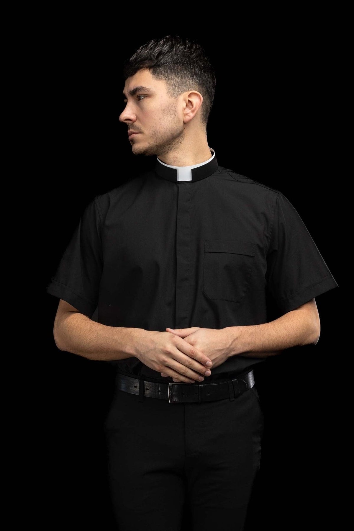 Black clergy shirt worn from the side with short sleeves