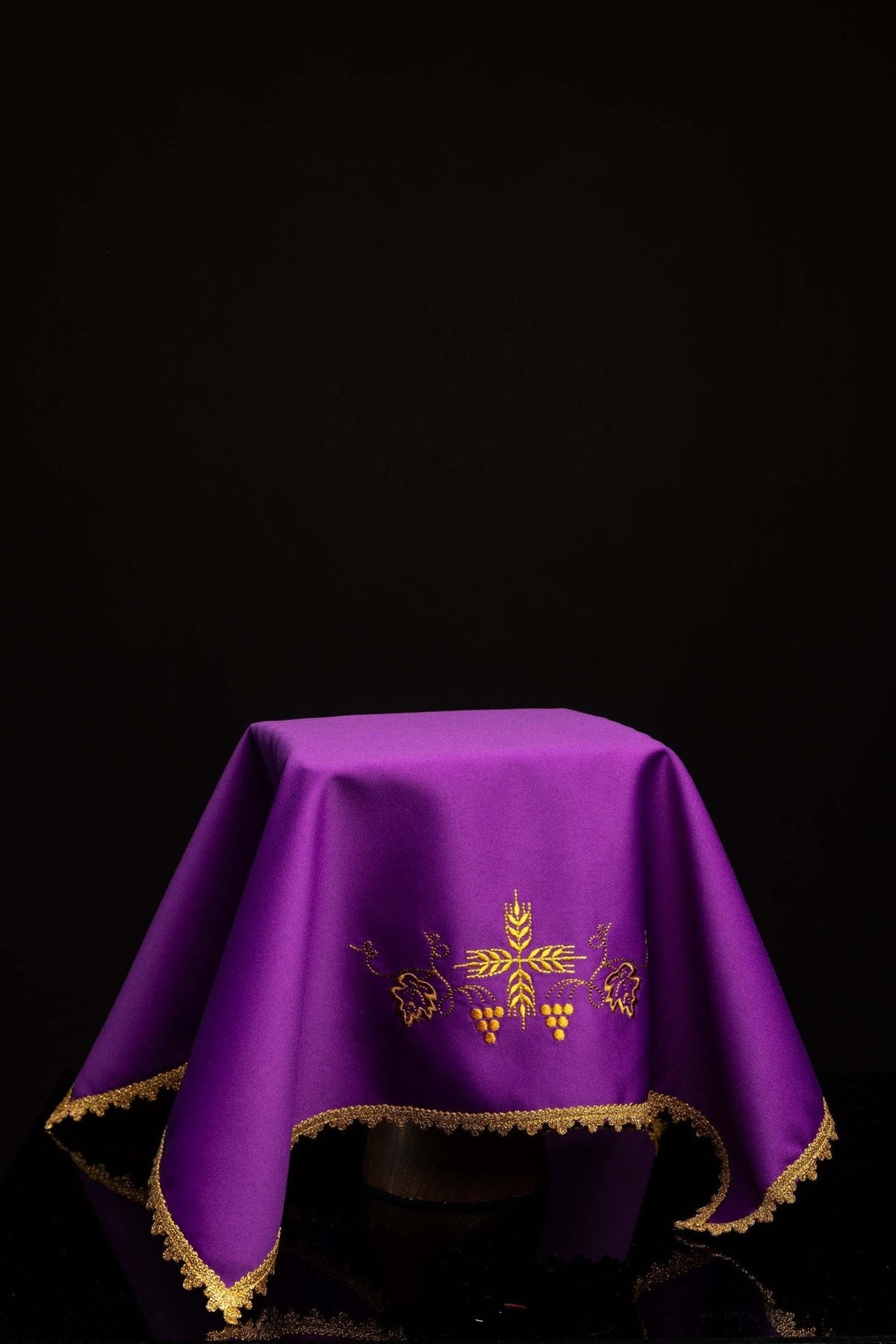Purple chalice veil with gold wheat and grapes embroidery