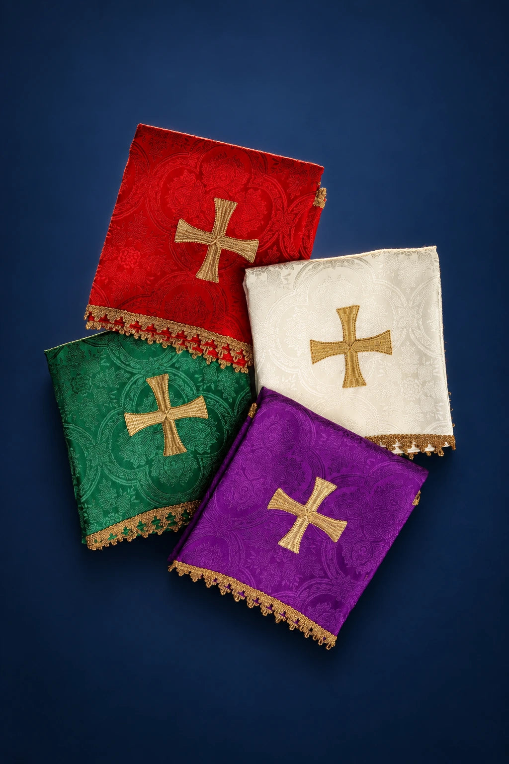 Set of Four Jacquard Chalice Veils with Cross Embroidery in red, white, green and purple