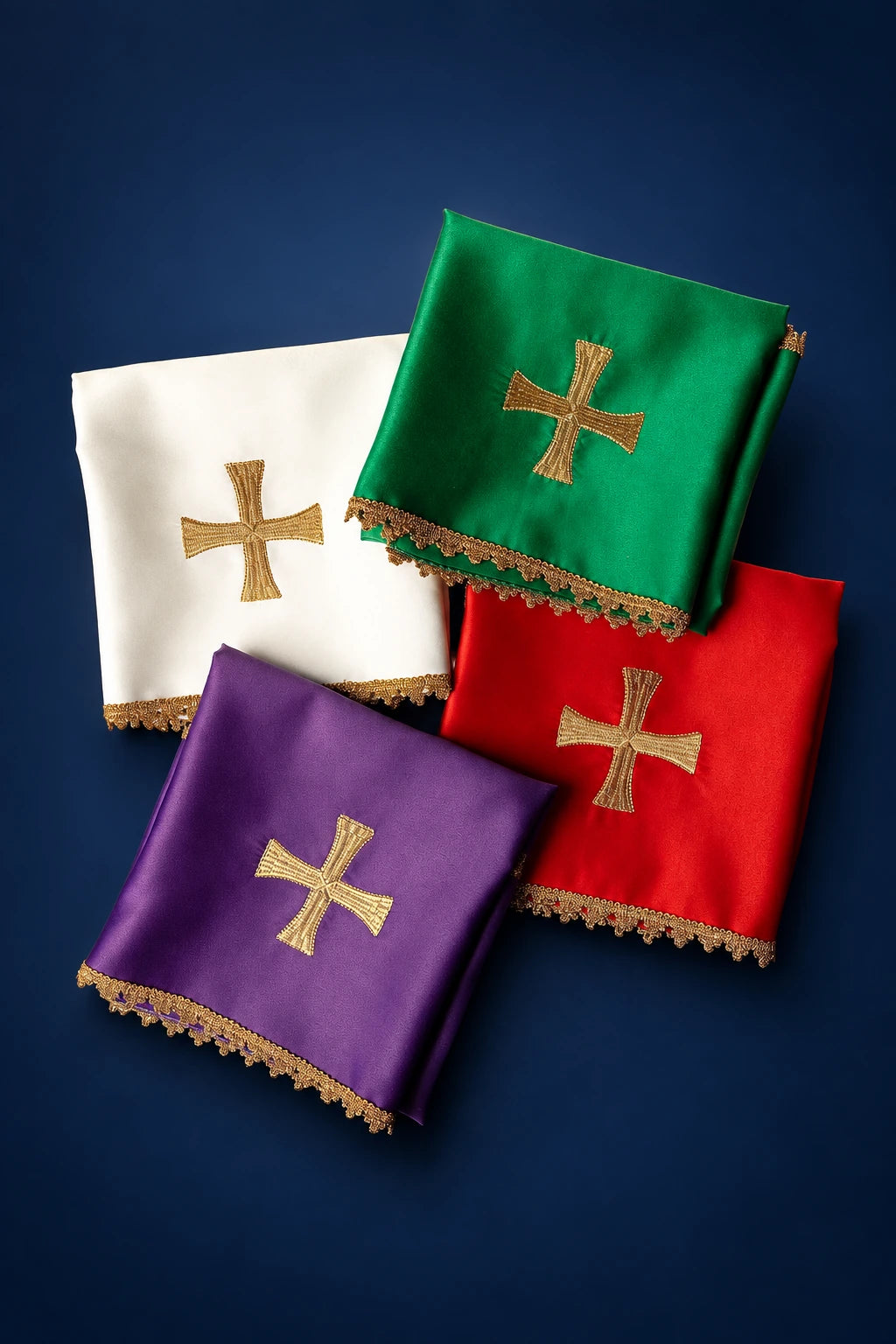 Set of Four Chalice Veils with Embroidered Gold Crosses in green, red, purple and white