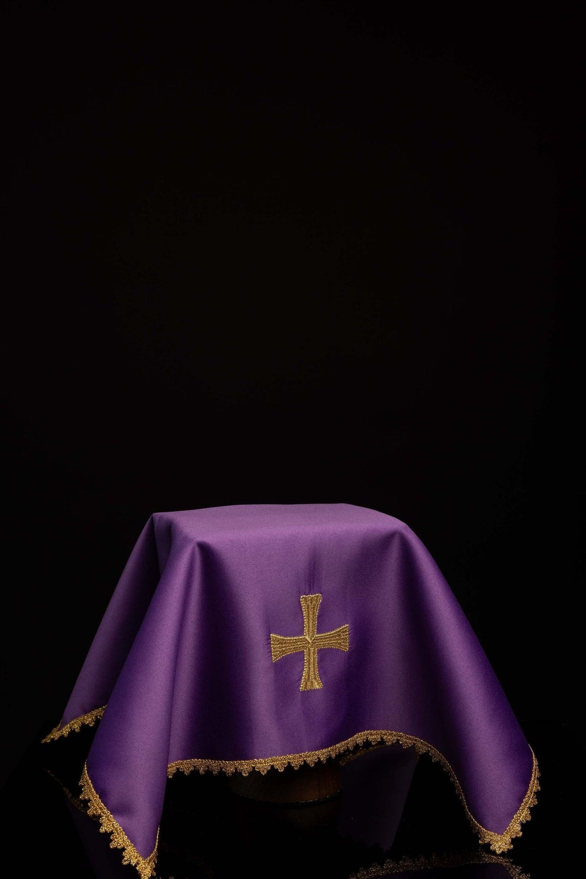 Purple chalice veil with embroidered gold cross and gold trim, front view
