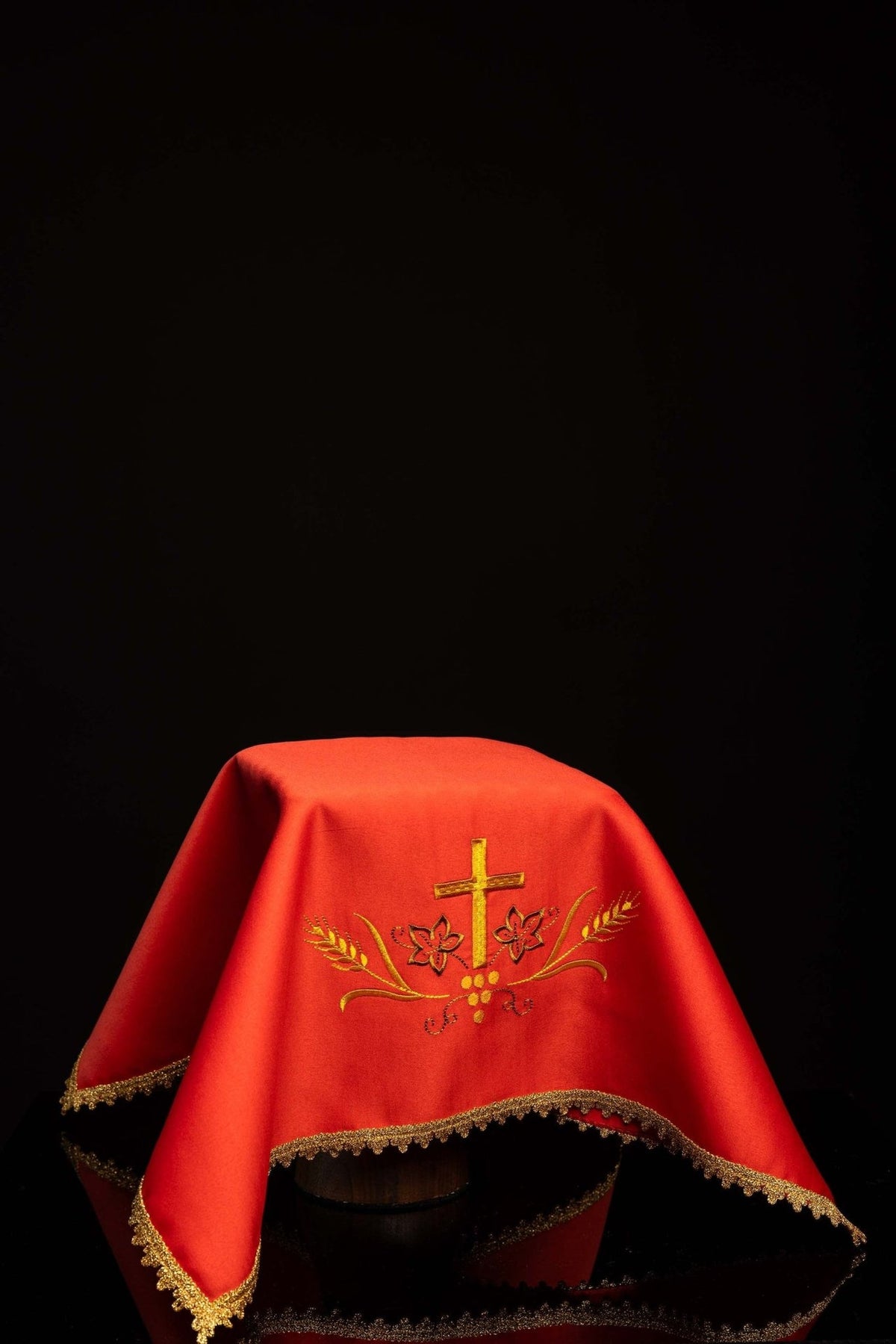 Red chalice veil with embroidered gold cross, wheat and floral motif