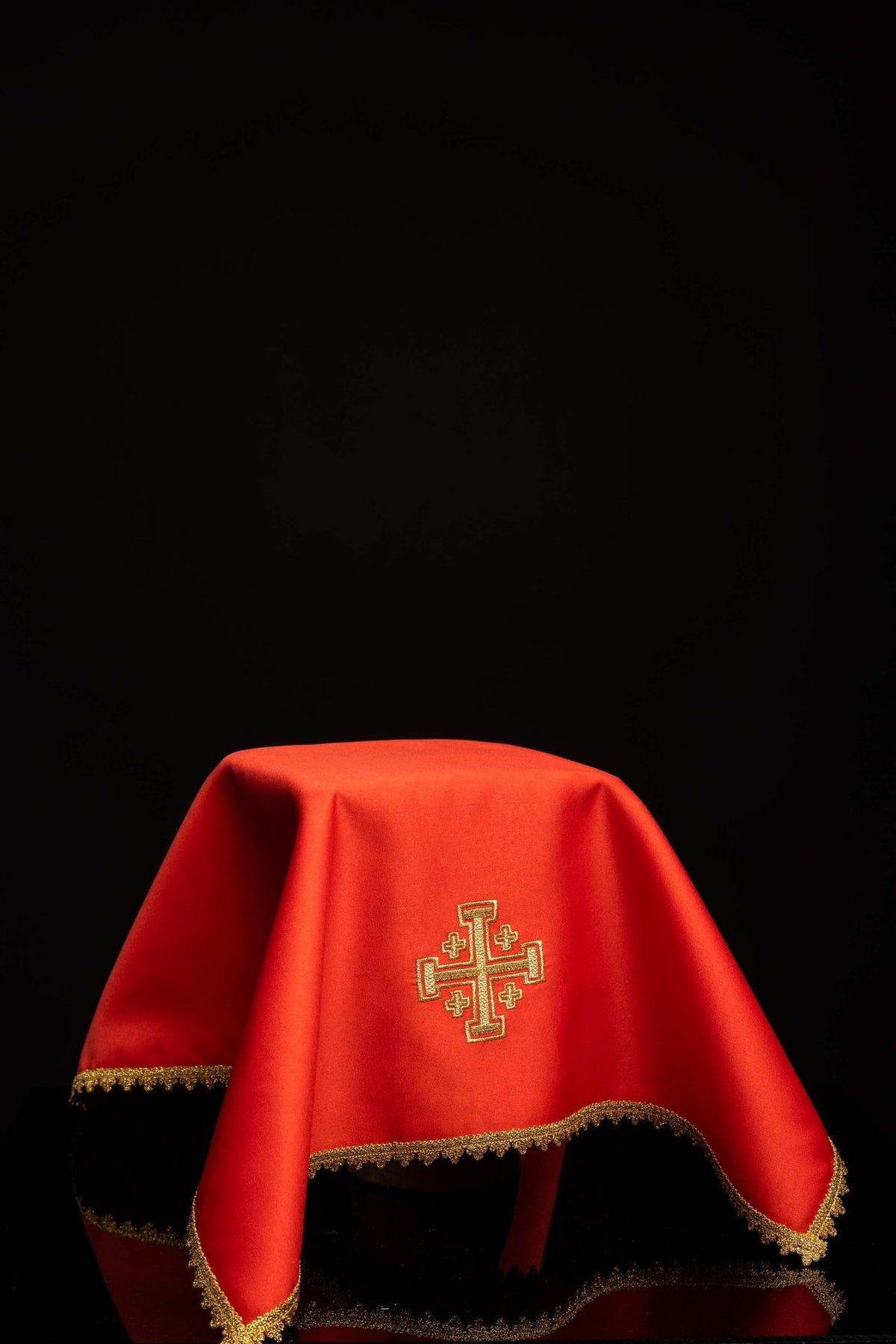 Red chalice veil with gold Jerusalem cross embroidery and gold trim, front view