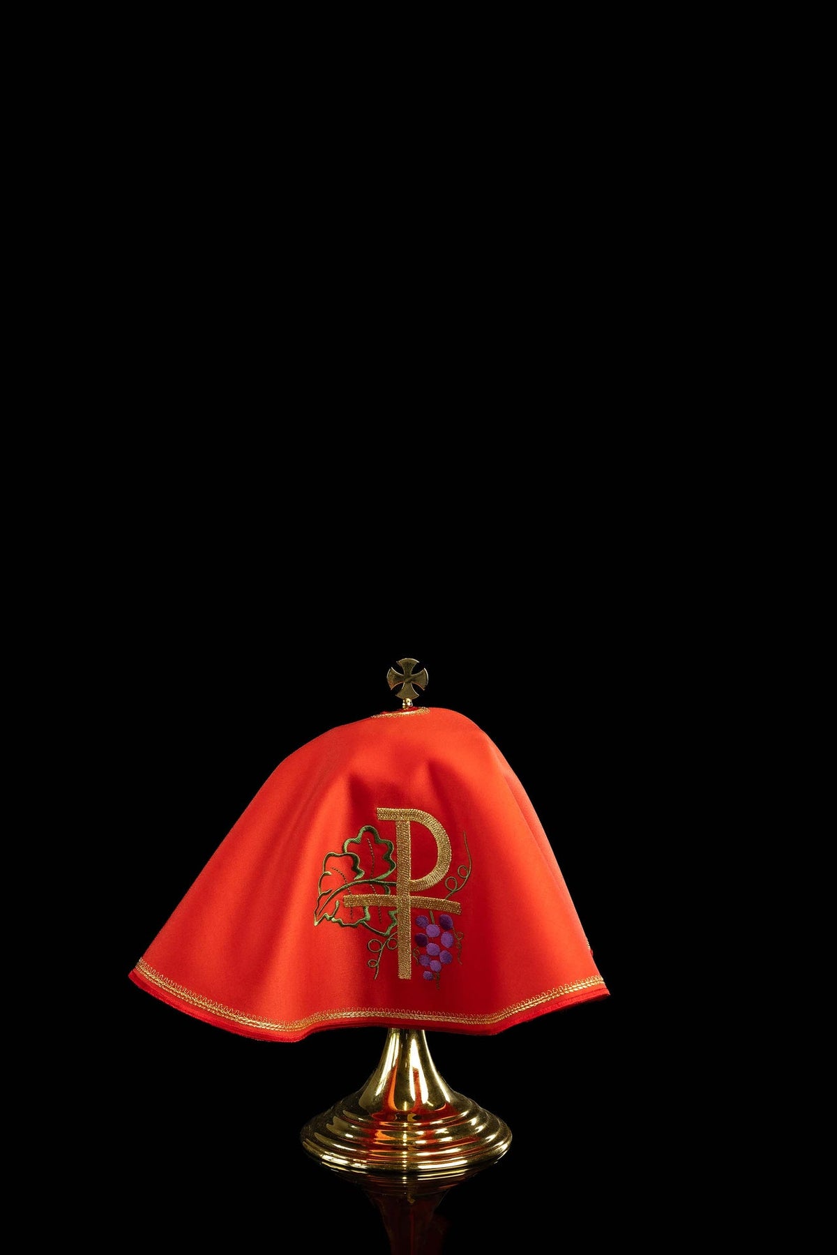 Red ciborium veil with PAX embroidery, front view with gold trim, grapes and wheat embroidery