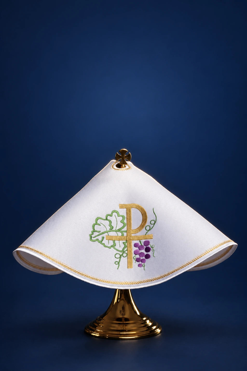 White Ciborium Veil with PAX Motif, front view with gold embroidery, green vine and purple grapes