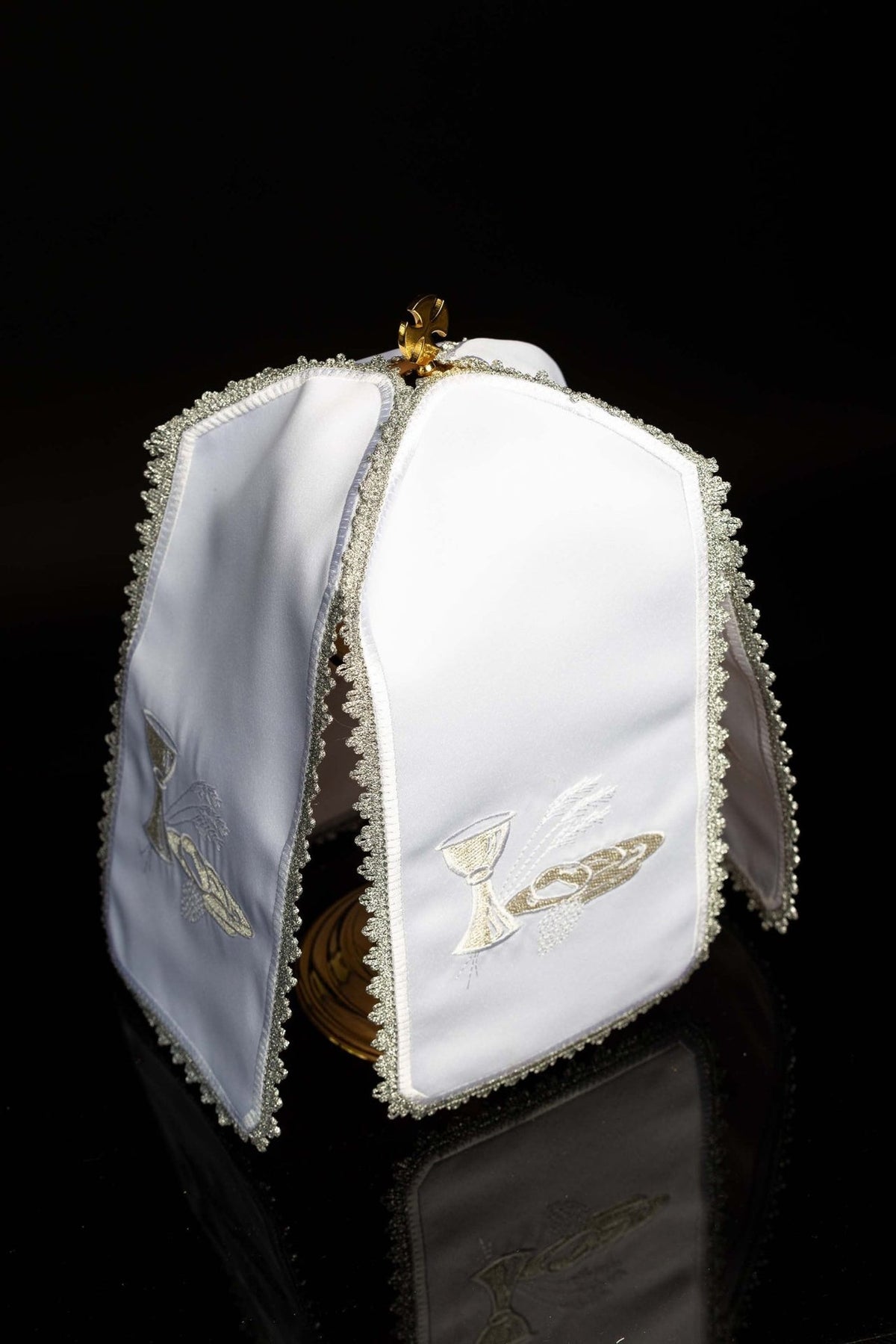 White ciborium veil front and side view with silver trim and Eucharistic embroidery