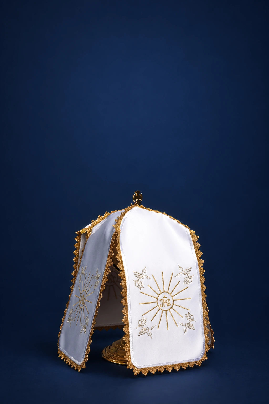 White Ciborium Veil with IHS Embroidery, shown front with gold embroidery and scalloped trim