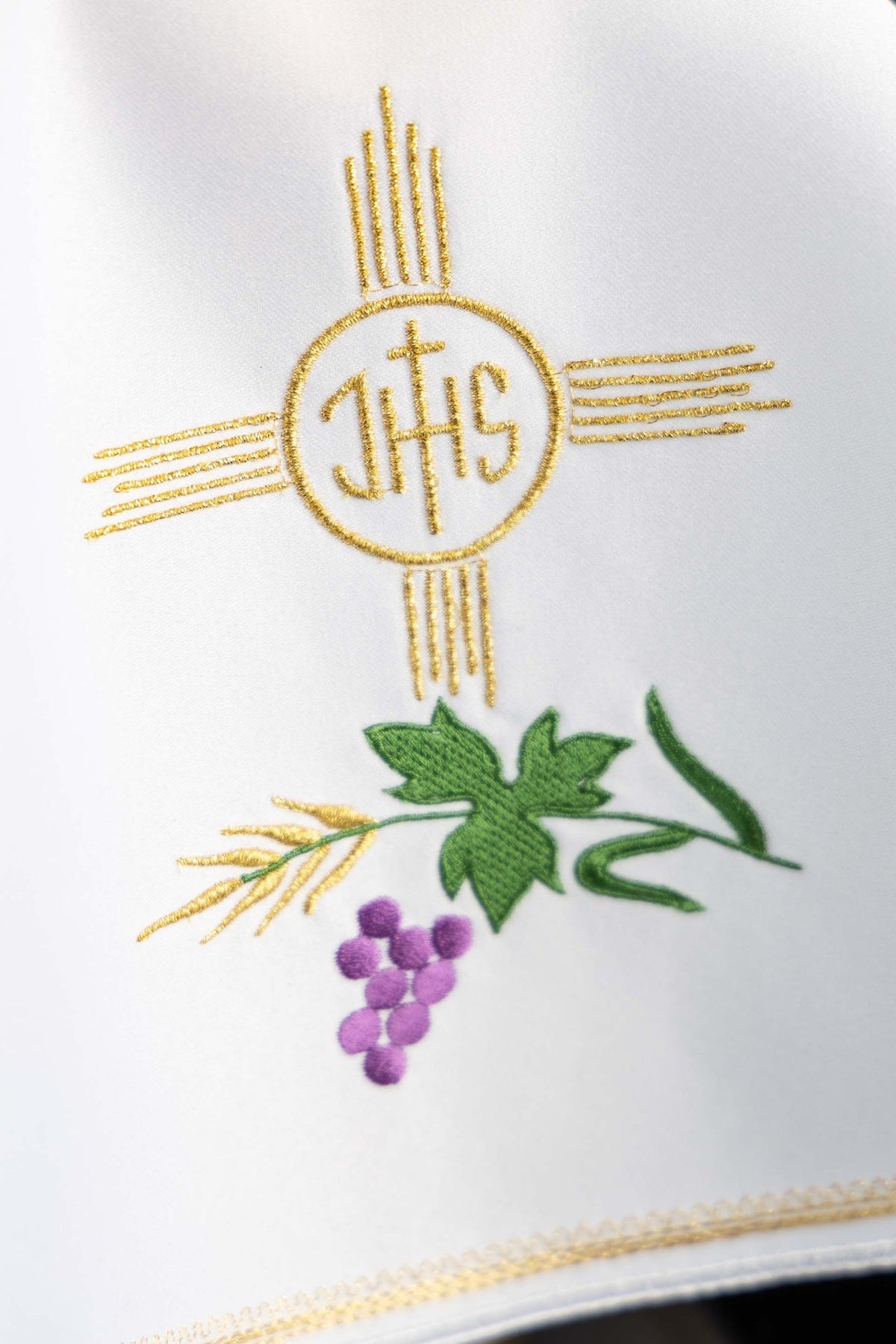 Ciborium veil close-up of gold IHS, grapevine, wheat and grape embroidery