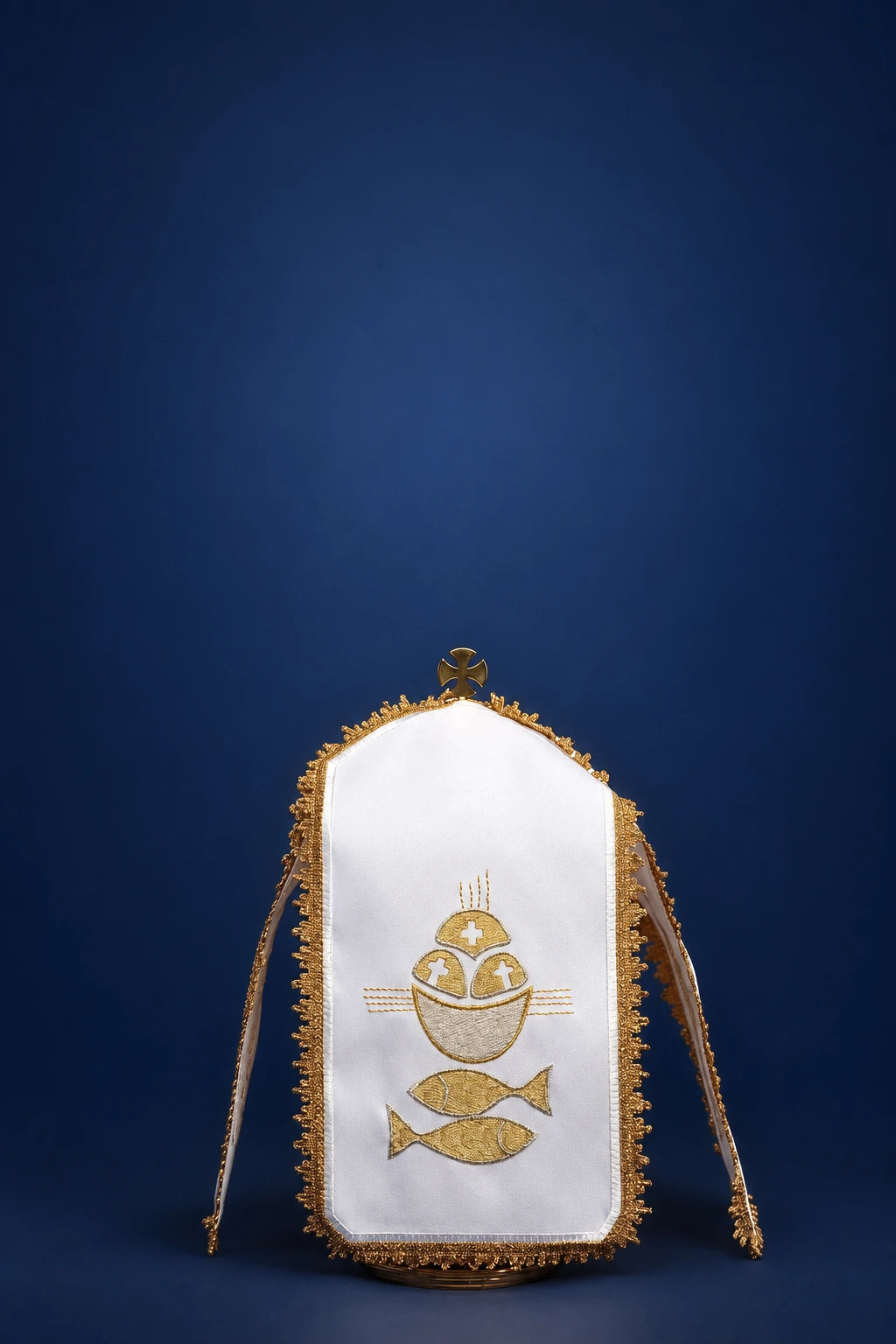 White Ciborium Veil with Gold Embroidery of Bread and Fish, front view