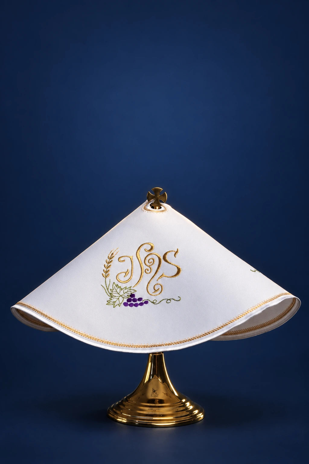 Ciborium Veil with IHS Embroidery, white front view with gold IHS and grapes and wheat embroidery