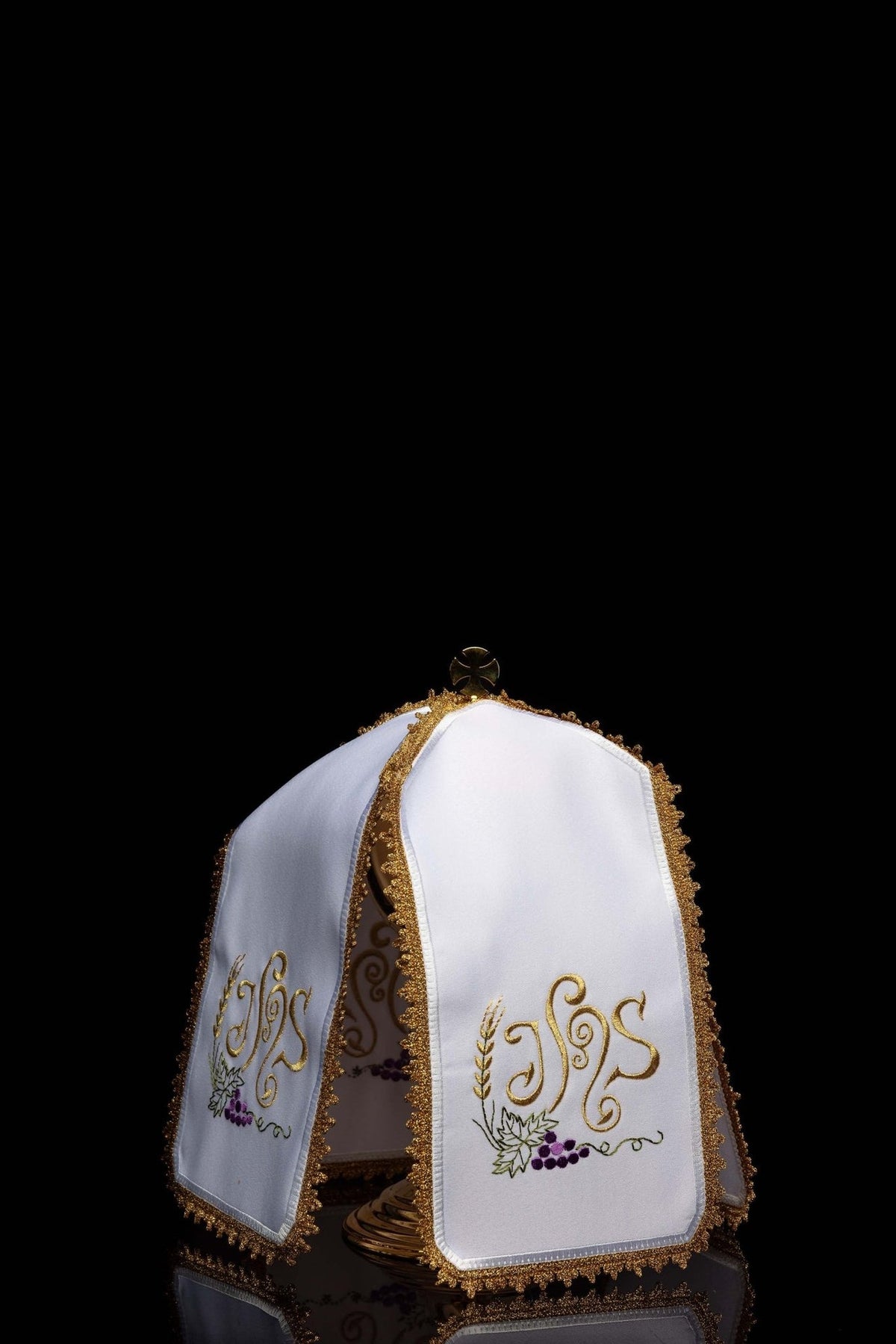 White ciborium veil with colorful IHS embroidery, front and side view with gold trim