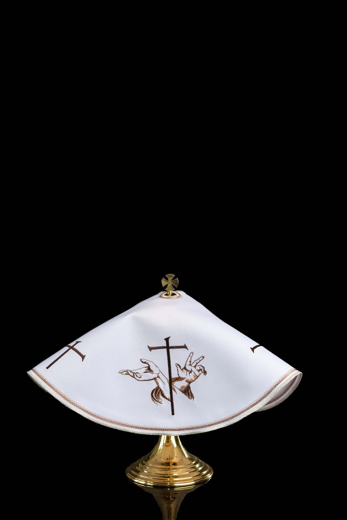 White Ciborium Veil with Franciscan Embroidery, 17.75 in (45 cm), front view with cross and Franciscan embroidery