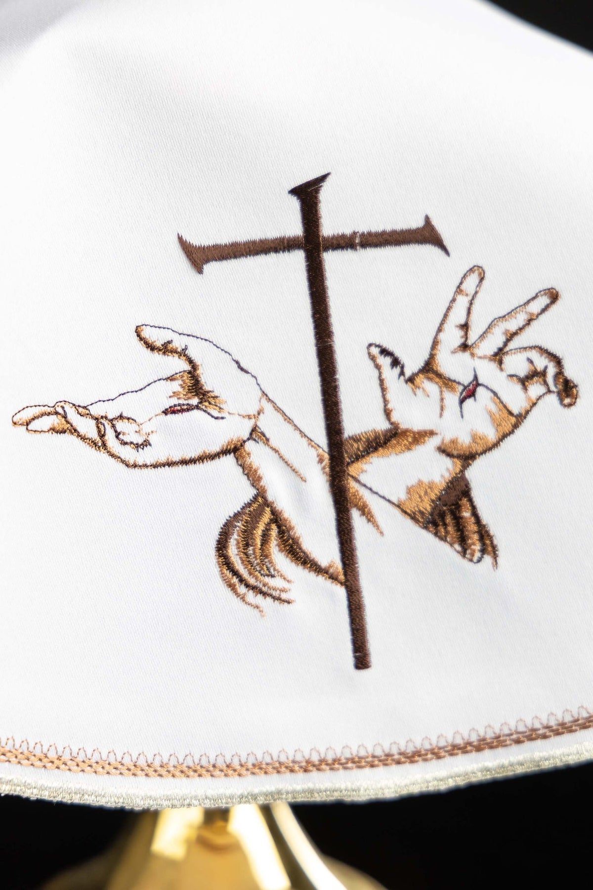 Ciborium veil close-up showing Franciscan embroidery and decorative edge