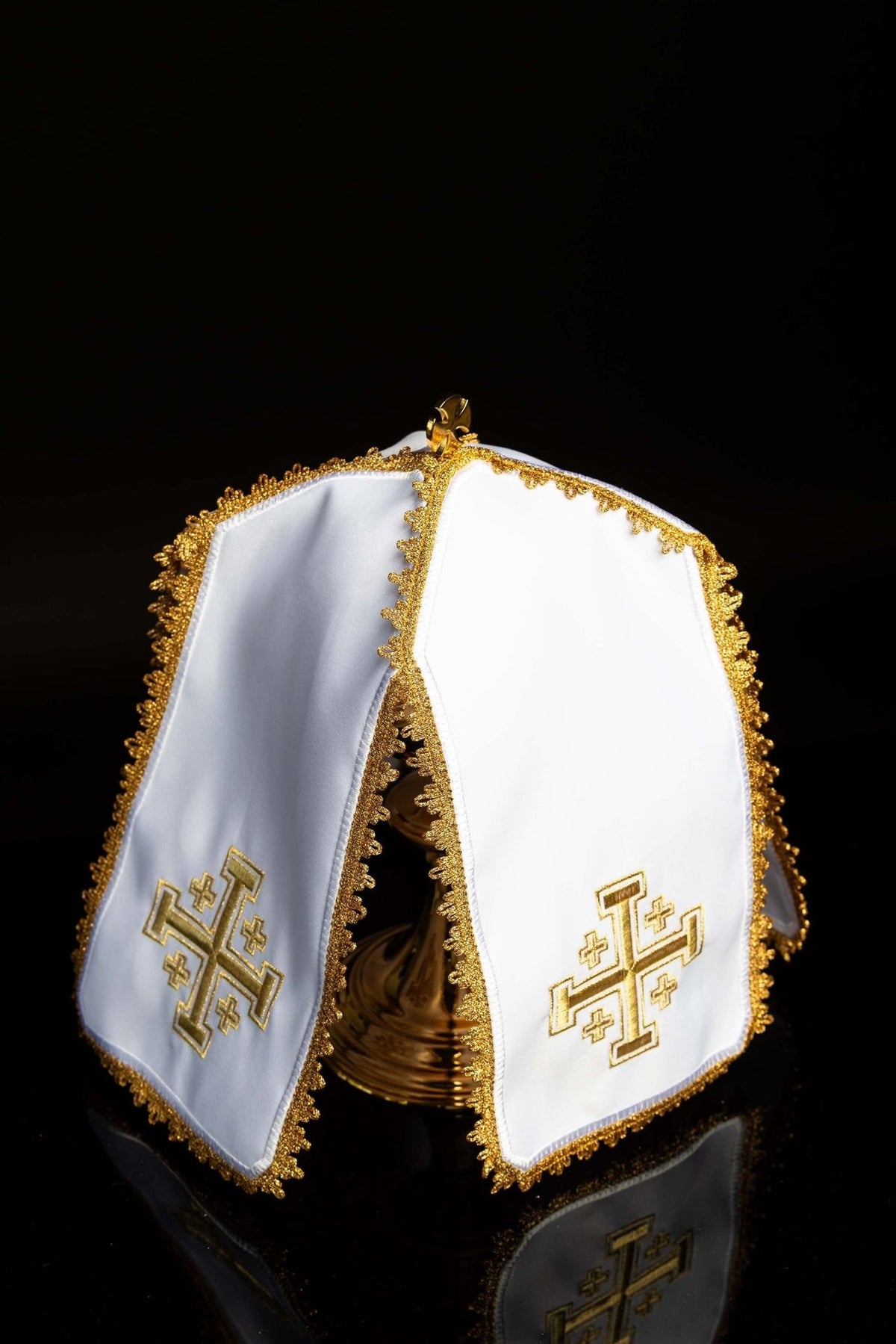 White ciborium veil angled view with matching gold Jerusalem cross embroidery