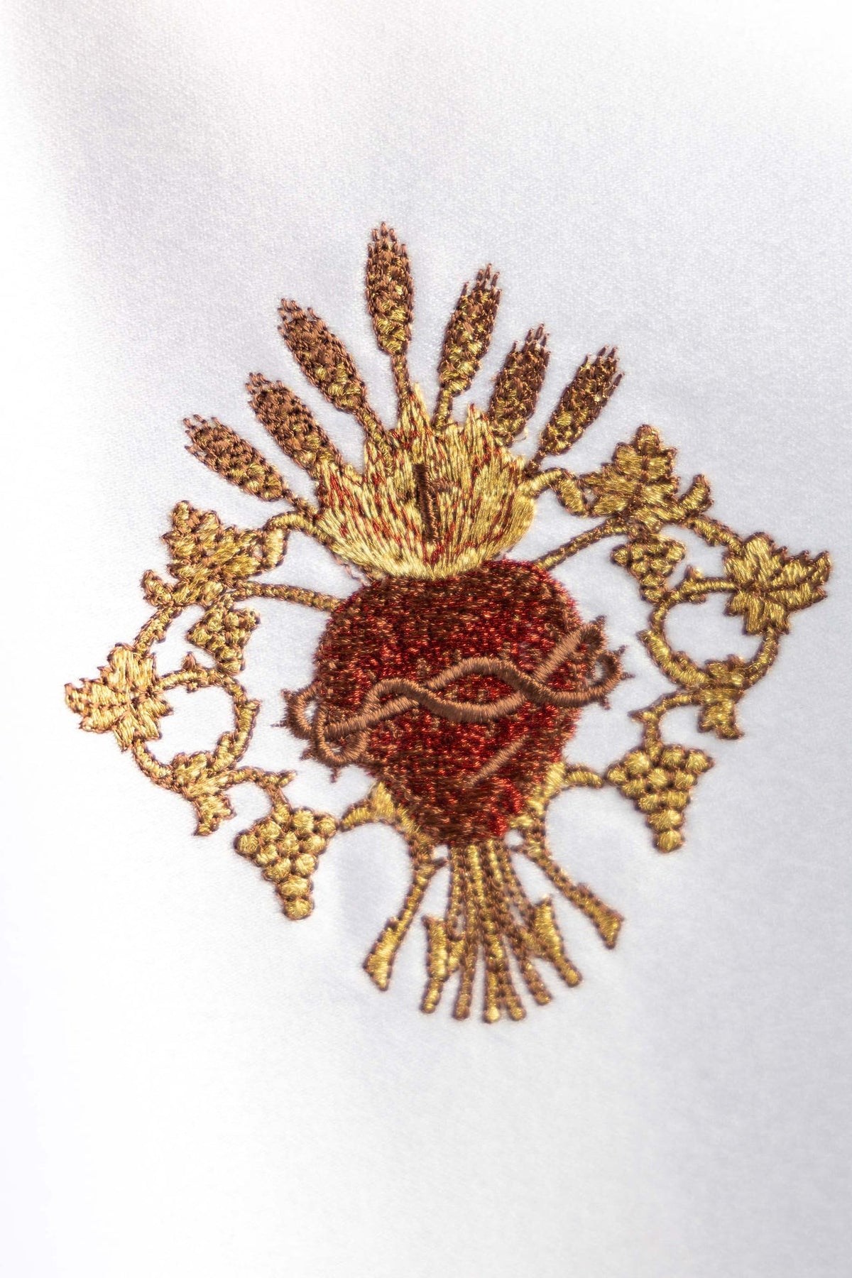 Ciborium veil close-up of Sacred Heart of Jesus embroidery in red and gold