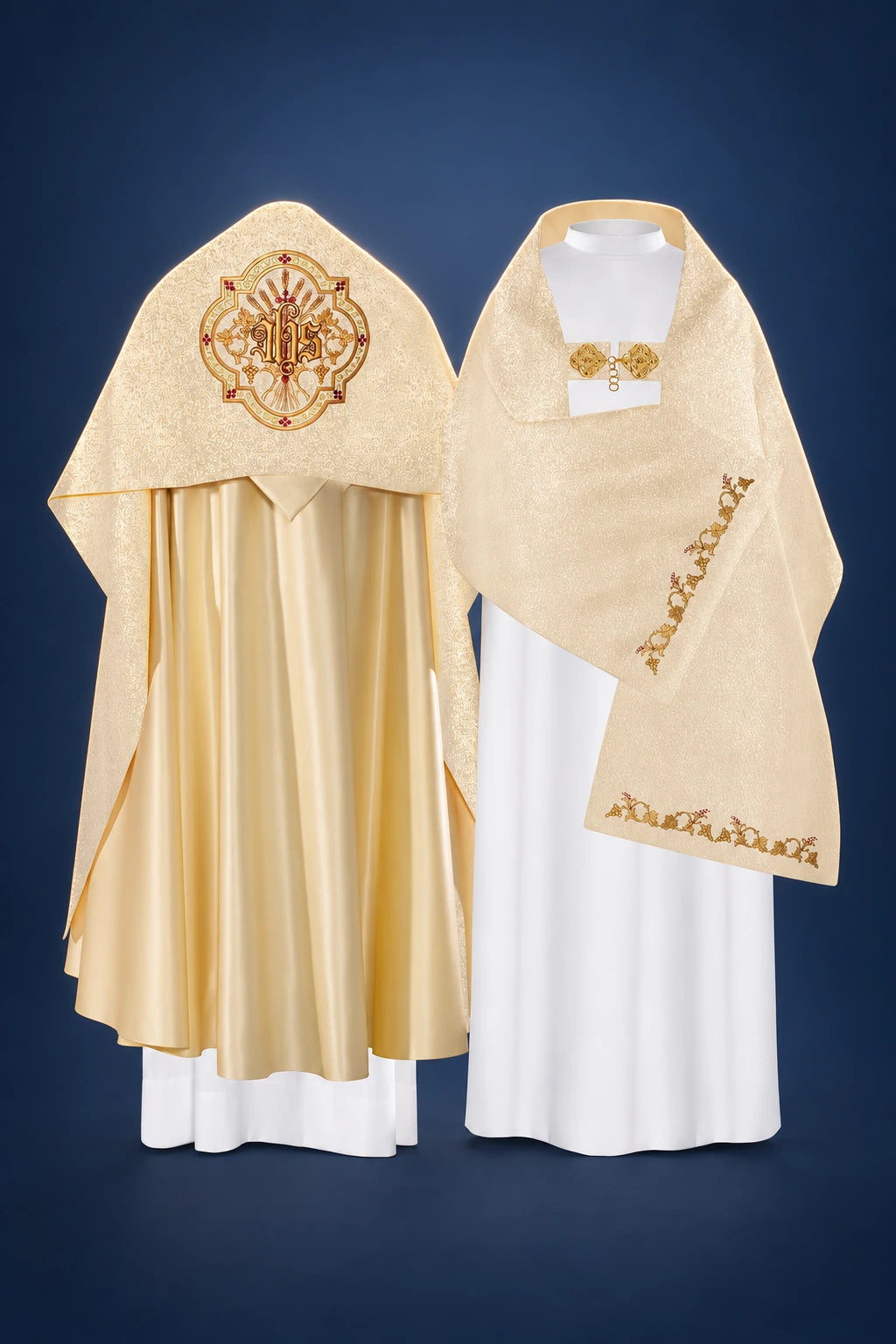 Gold Embroidered Humeral Veil with IHS, front view showing IHS embroidery and ornate gold border
