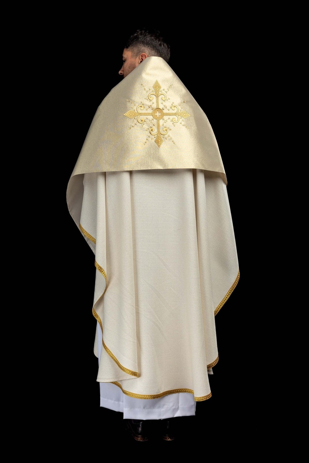 Gold humeral veil, back view with gold embroidered cross and trim