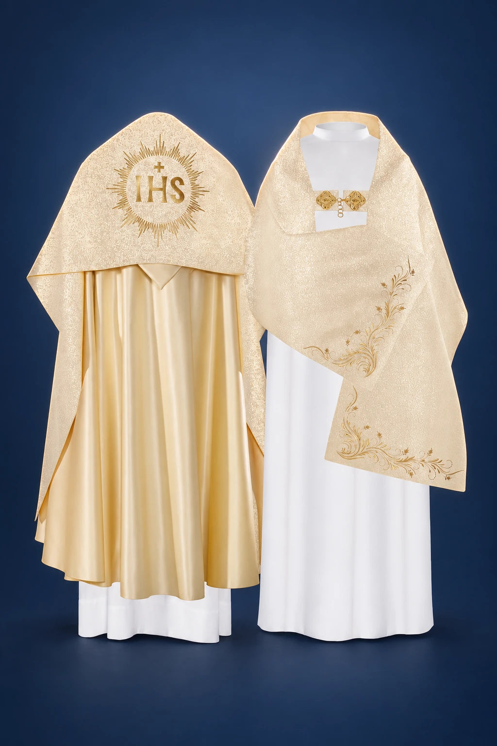 Liturgical Veil with Embroidered Gold IHS Motif, front view in satin with gold embroidery