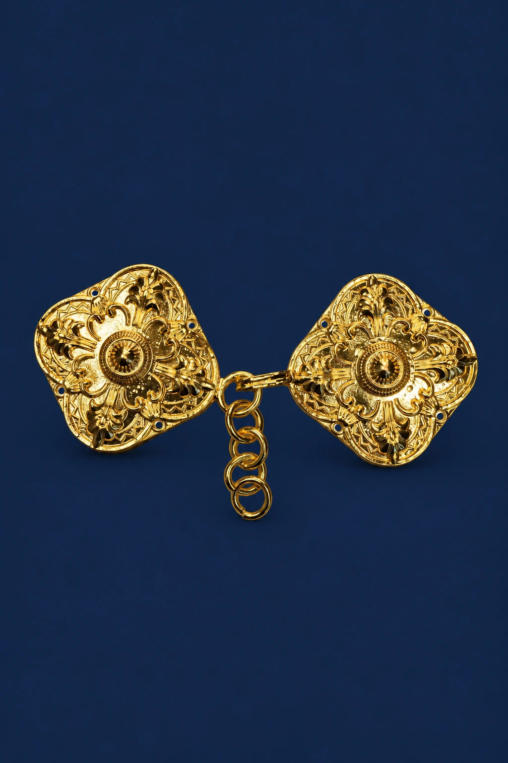 Gold Classic Cope Clasp for a Veil, front view with ornate floral engraving and linked chain