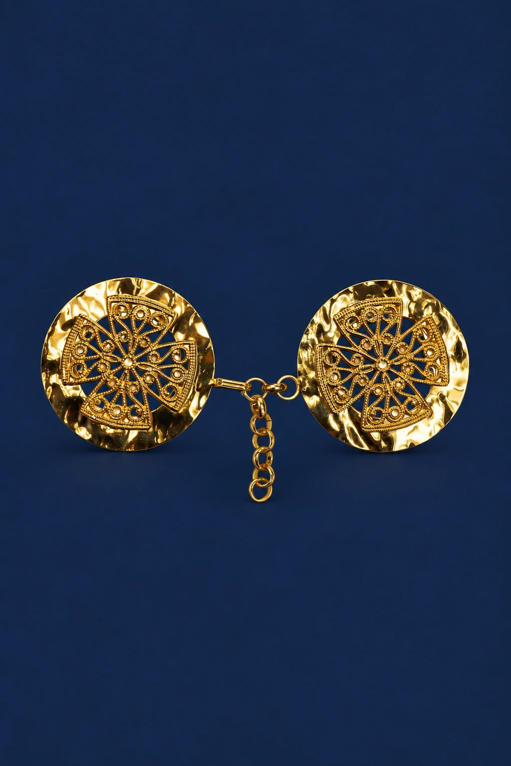 Gold Cope Clasp with Cross for a Cope and Veil, front view with ornate cross motifs and chain