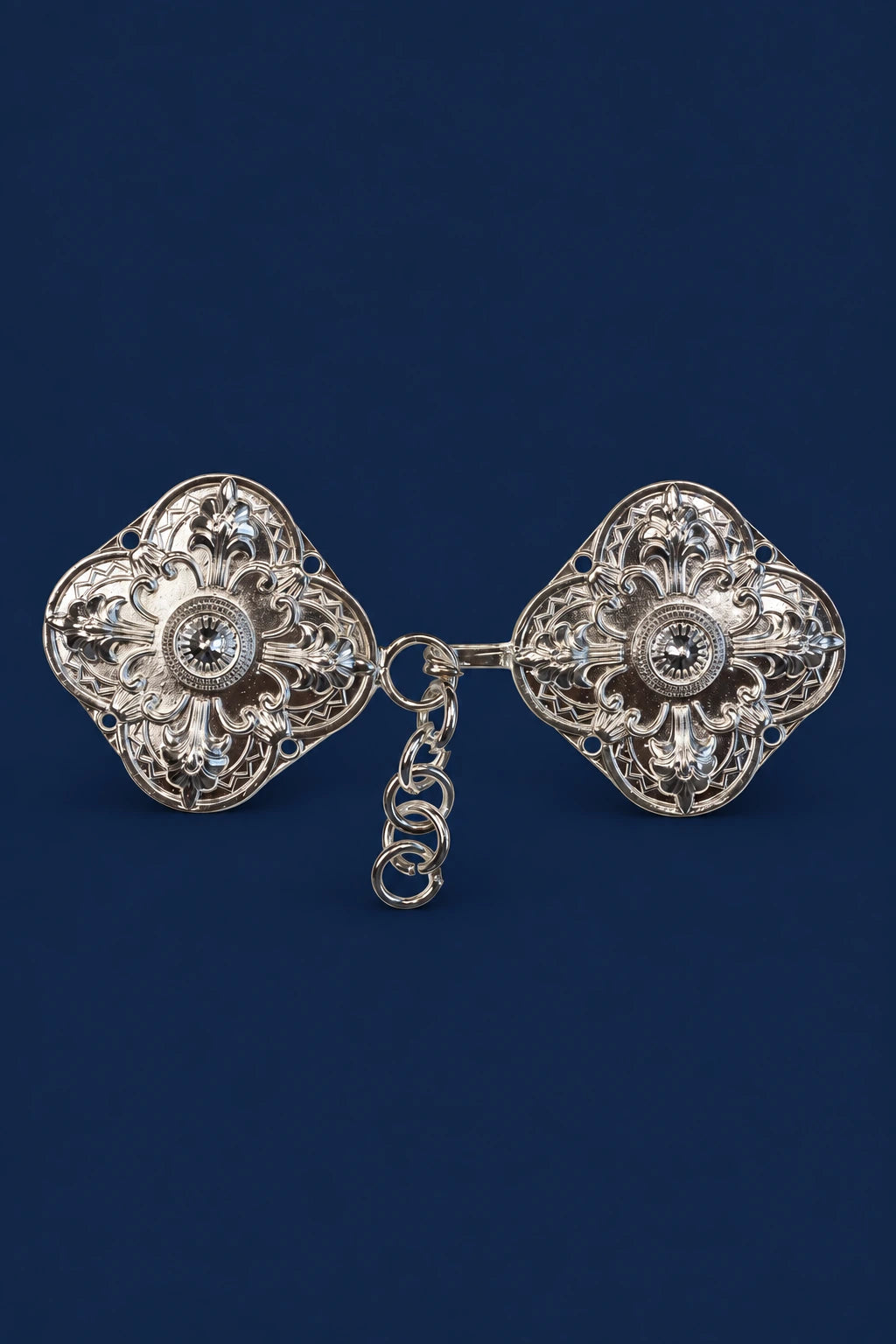 Classic Silver Cope Clasp for a Cope and Veil, front view with ornate floral motifs and chain