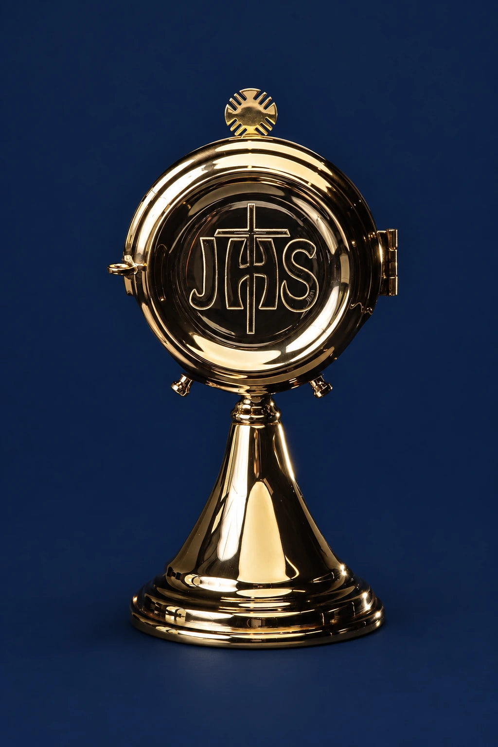 Handcrafted Brass Luna Holder, 8.25 in (21 cm), front view with raised IHS monogram and cross