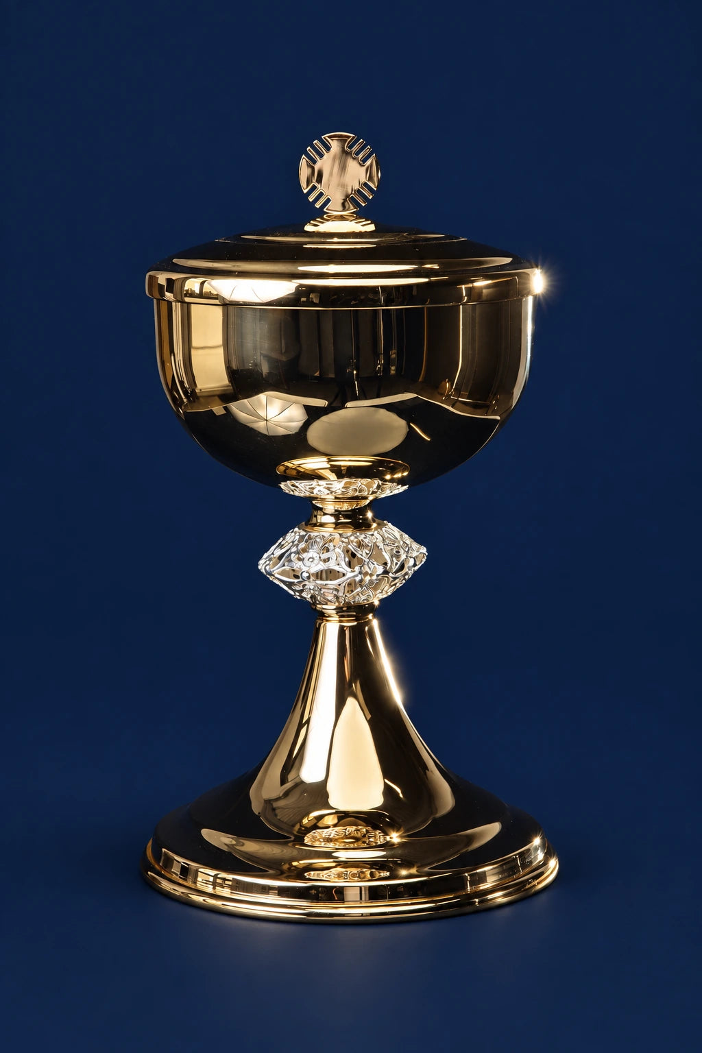 Handcrafted Gold-Plated Brass Ciborium, full front view with ornate stem, lid, and cross