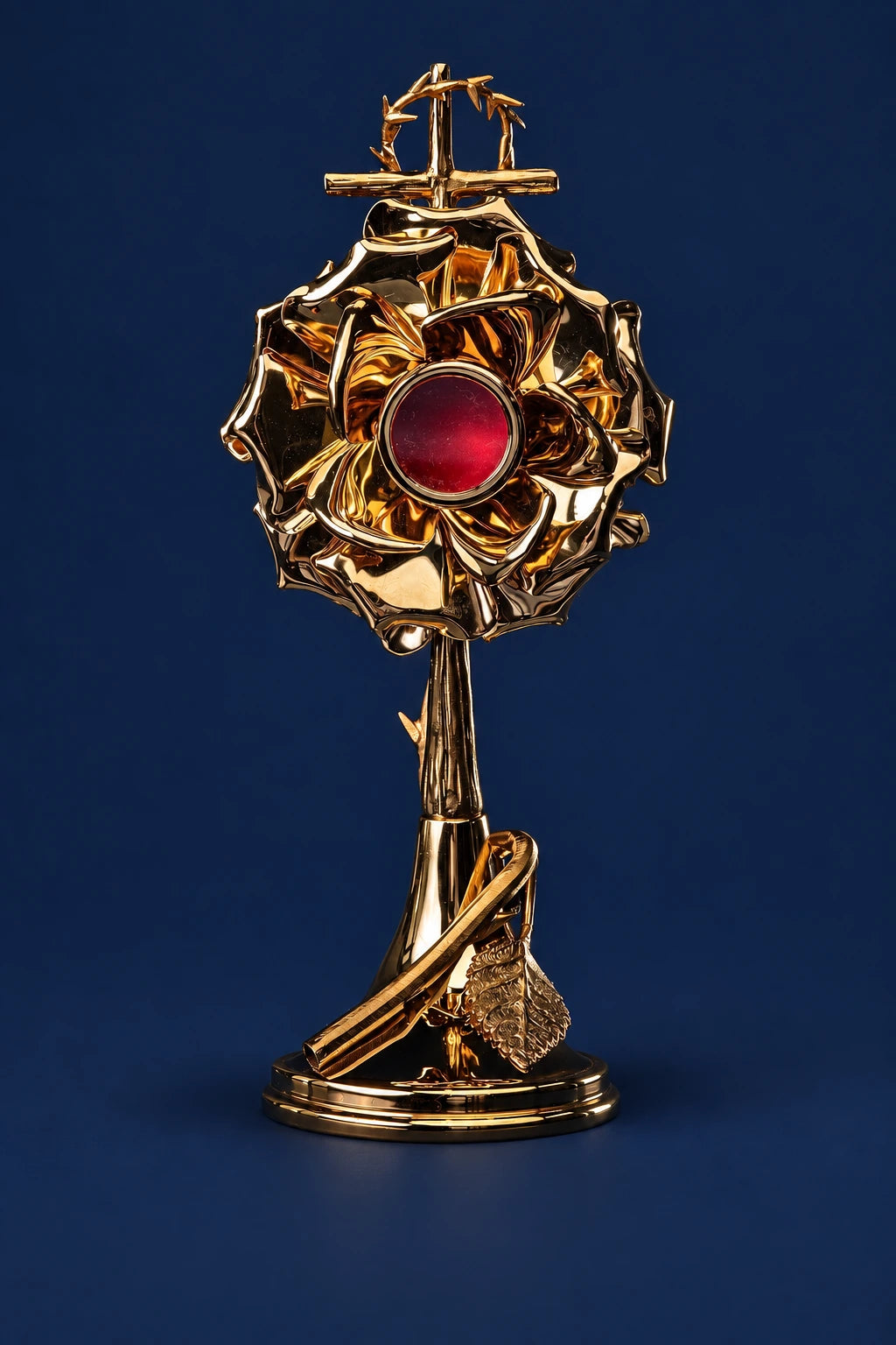 Handcrafted Gilded Brass Reliquary, 11.5 in (29 cm), full front view with red center and cross
