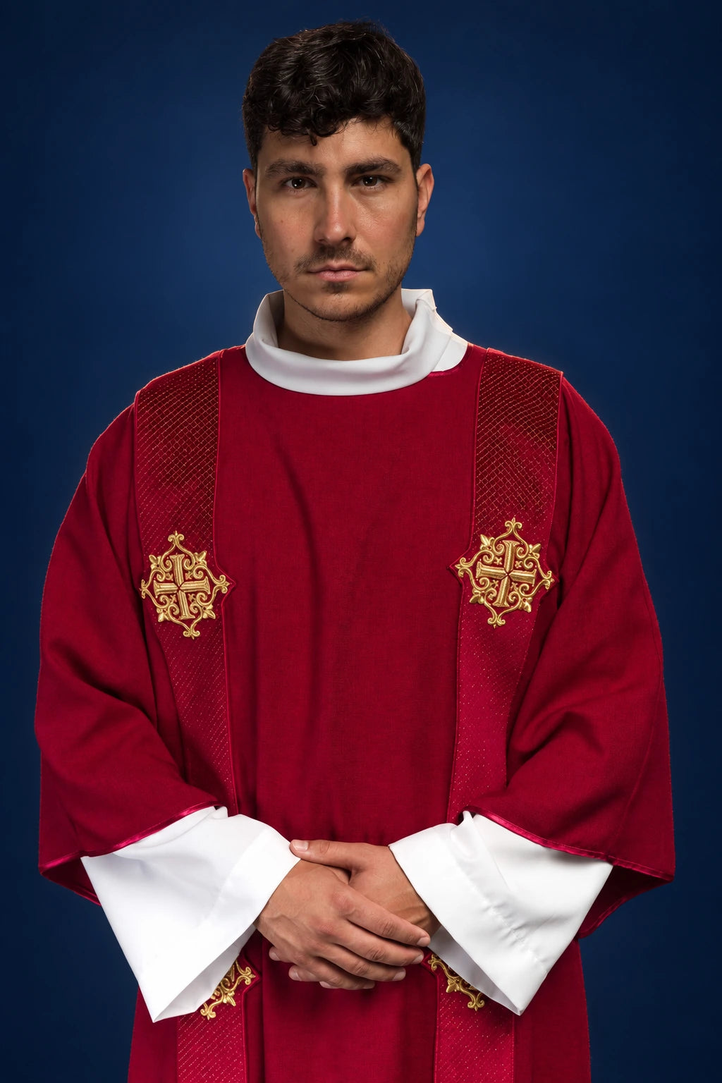 Dalmatic with Orphreys on Velvet and Red Cross Symbols, front view in red with gold embroidered crosses