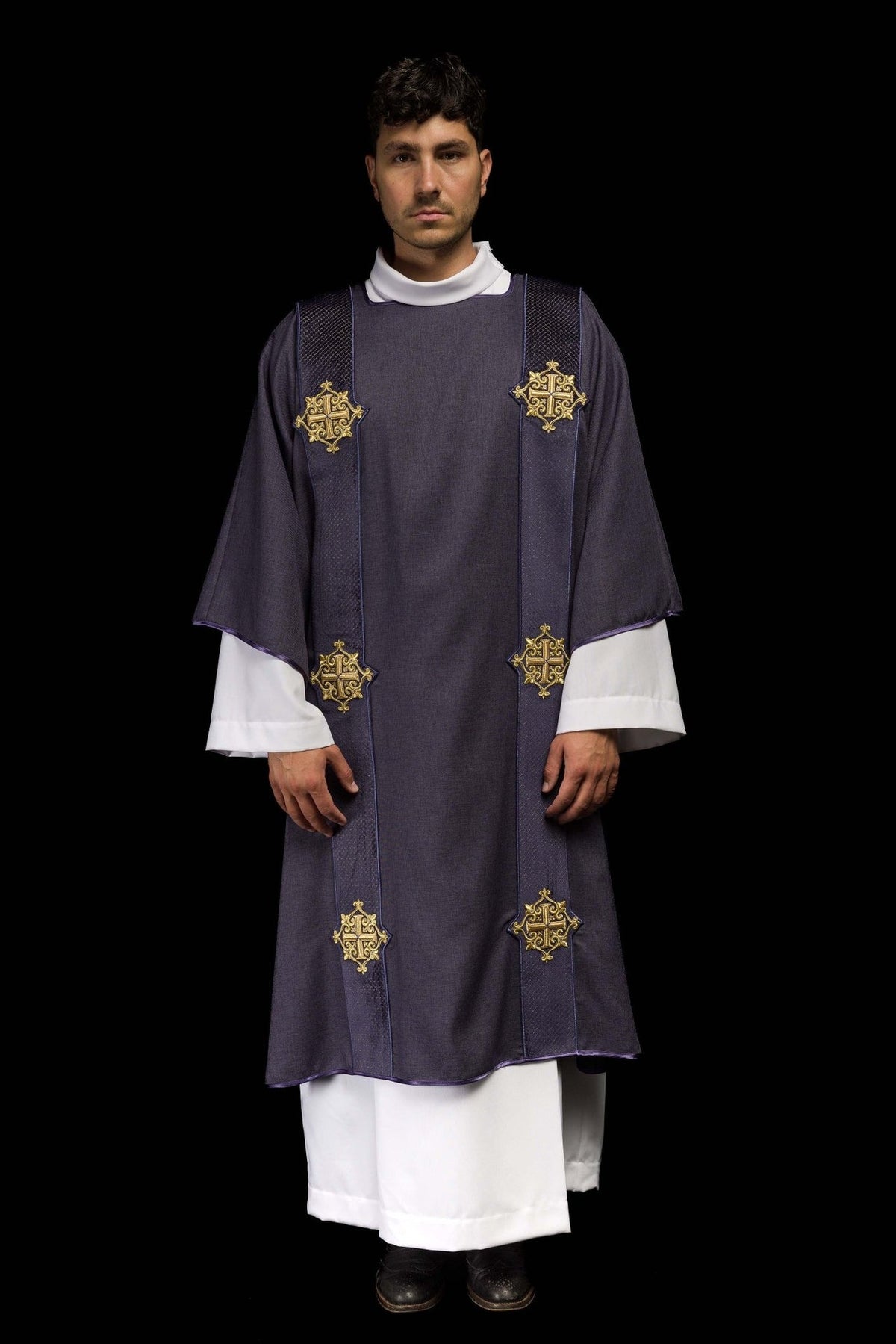 Purple velvet dalmatic, full front view with four embroidered cross symbols