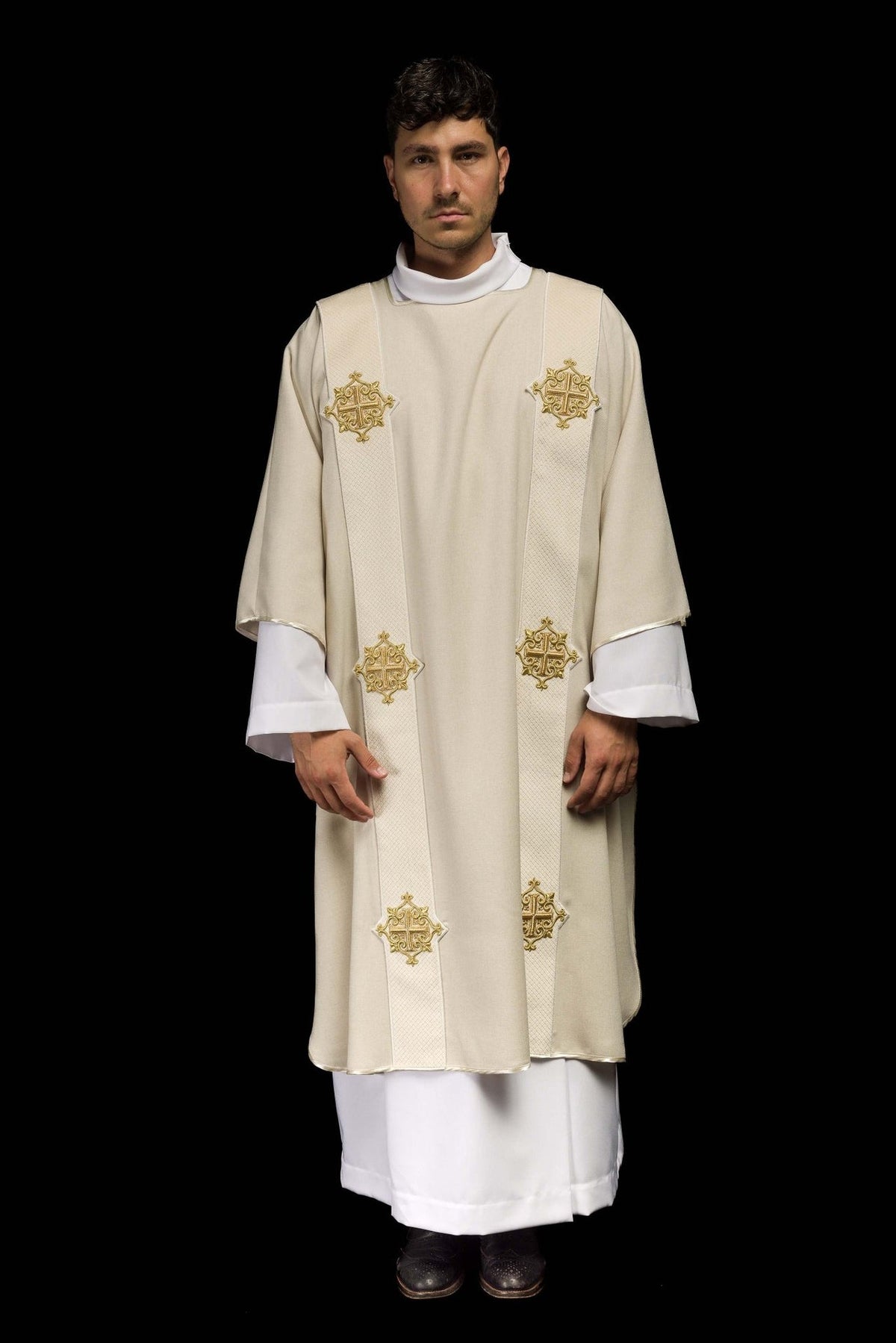 Ecru velvet dalmatic, full front view with four gold embroidered cross symbols