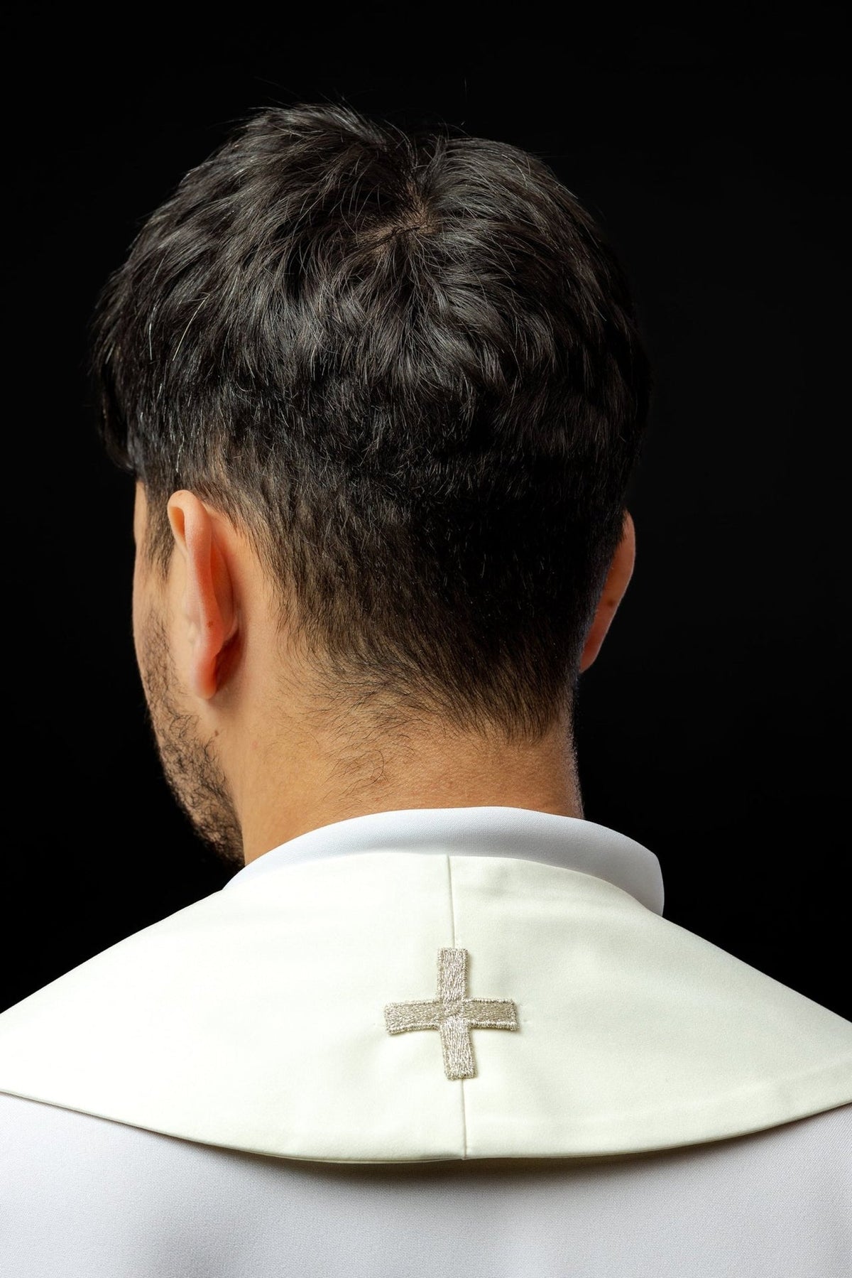Marian stole worn back view showing ivory neck section with embroidered cross