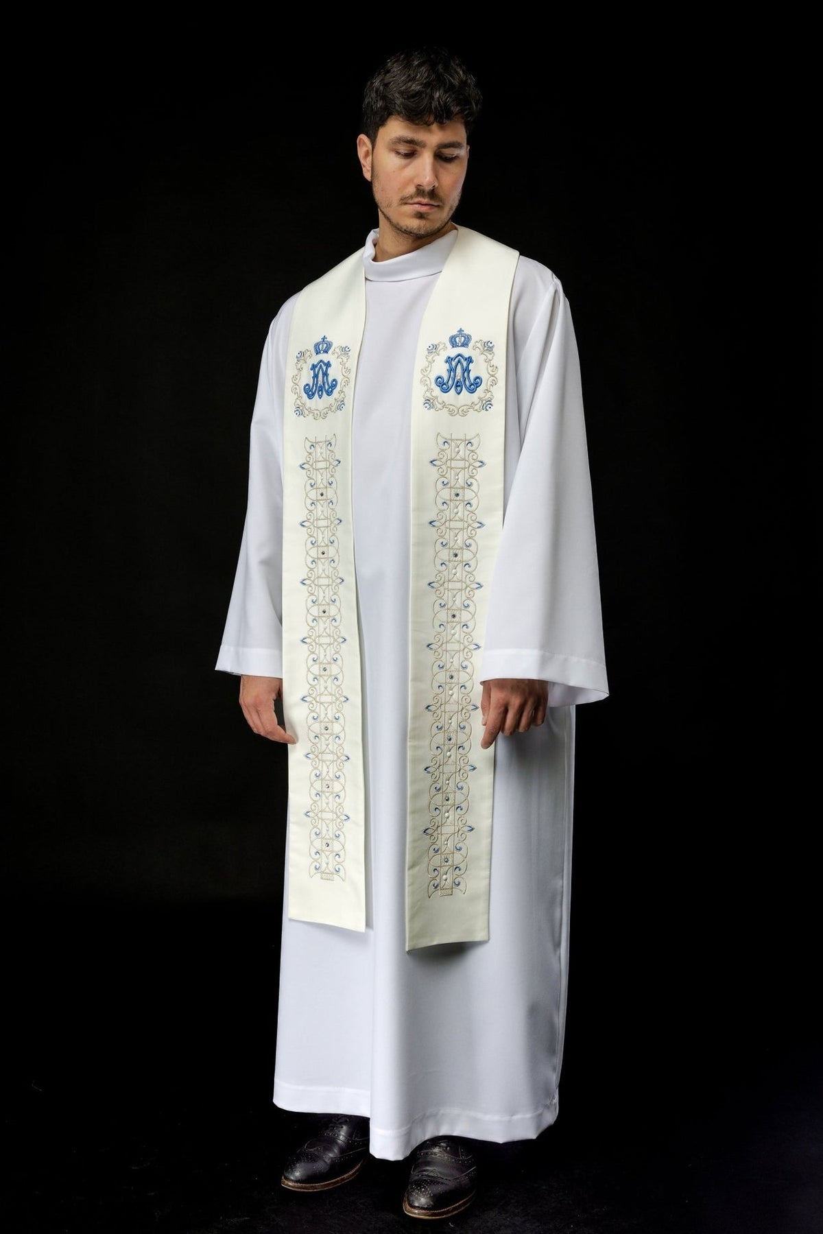 Marian stole worn full front view showing matching embroidered panels