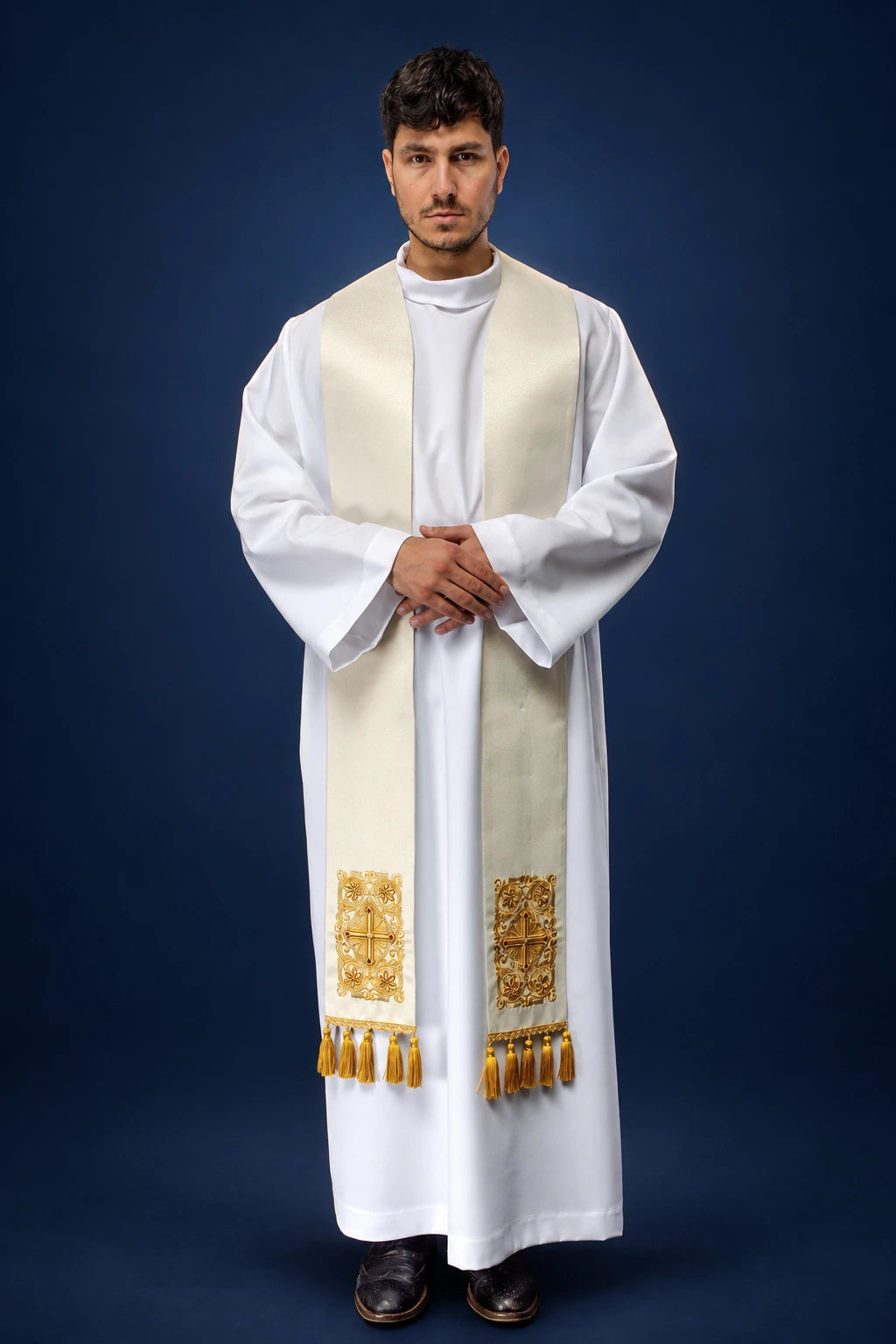 Gold Embroidered Priest Stole with Cross and Faceted Stones, front view with gold tassels