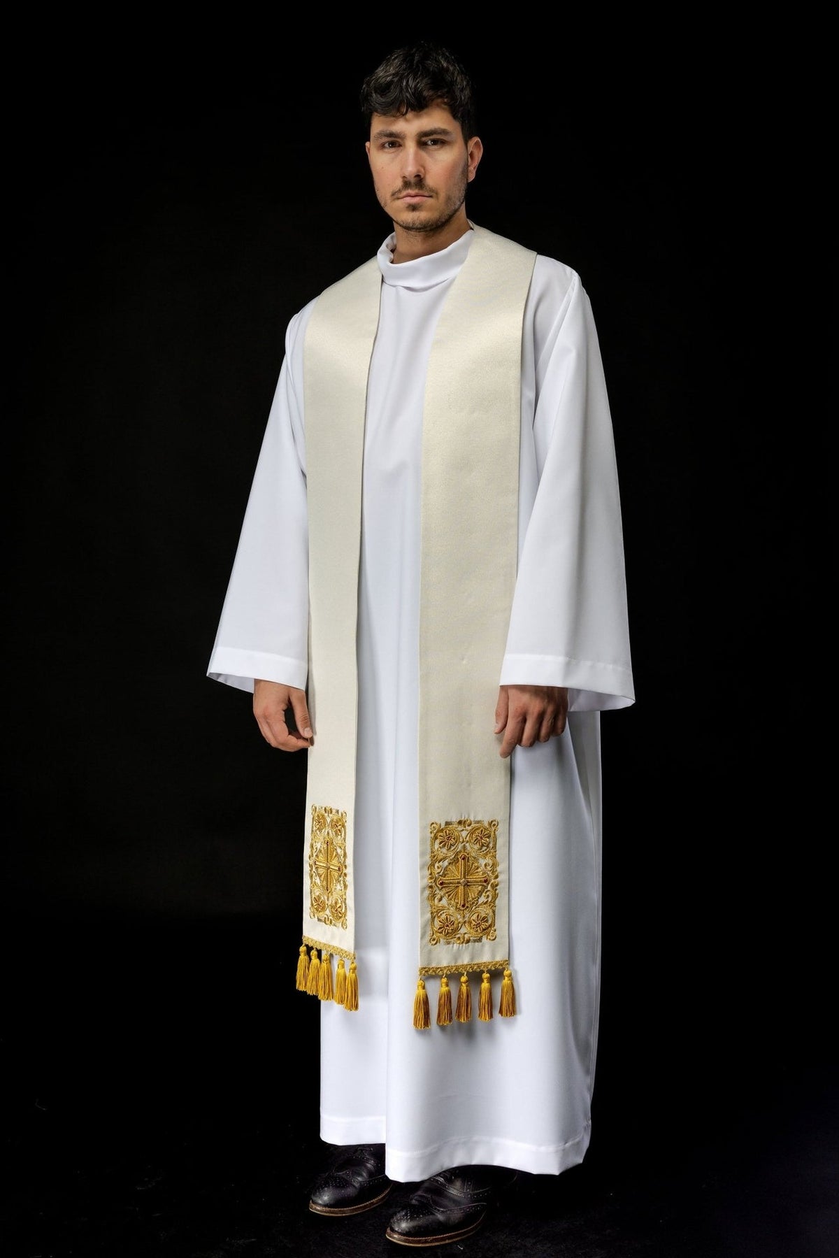 Gold priest stole worn in a front three-quarter view with embroidered cross panels