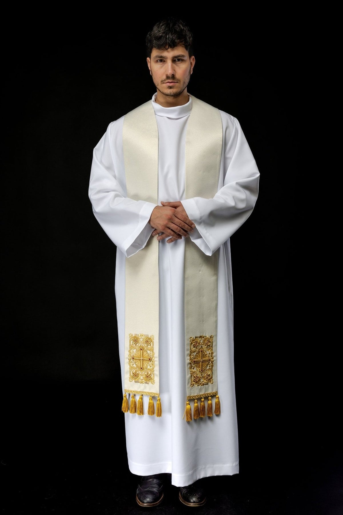 Embroidered priest stole worn in a straight front view with cross panels and tassels