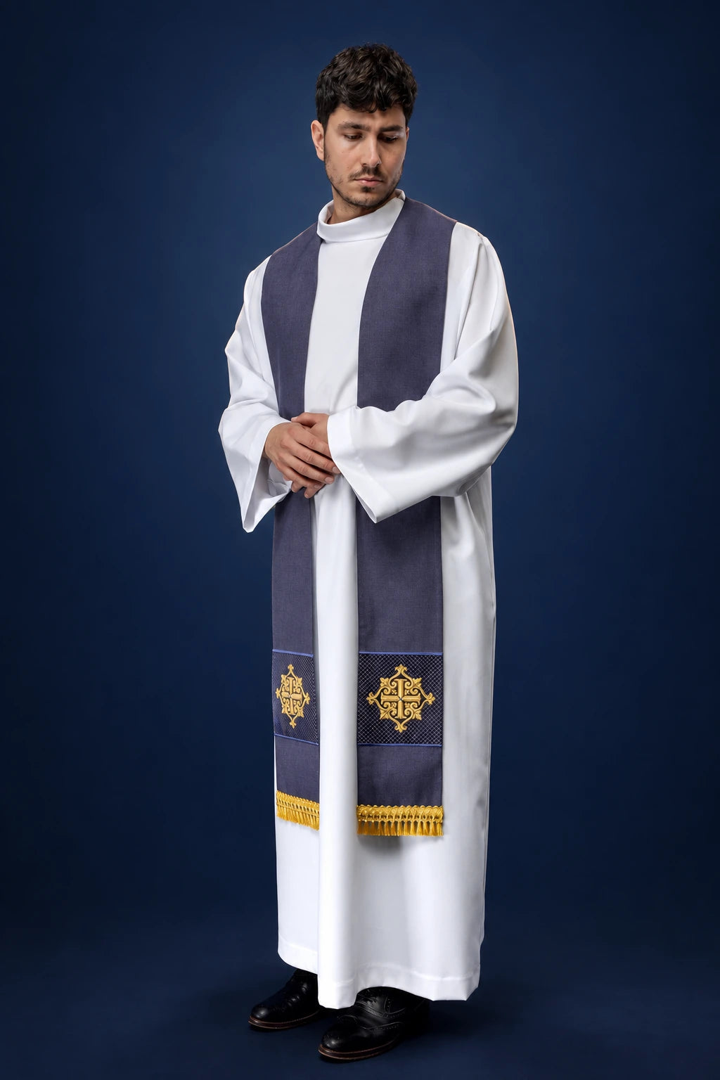 Purple Velvet Stole with Embroidered Cross worn front view, with gold embroidery and fringe