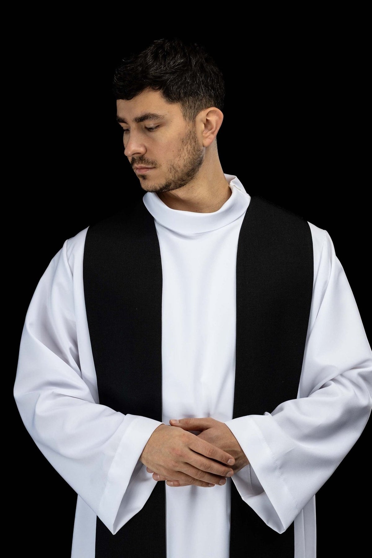 Black velvet priest stole worn upper front view