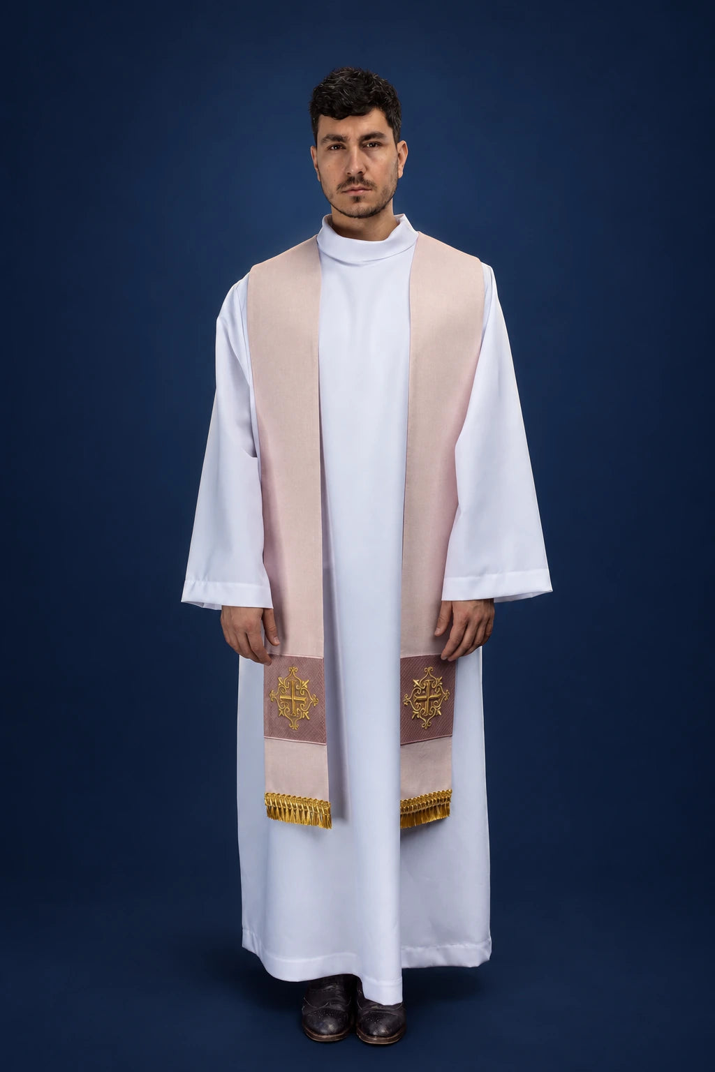Rose Velvet Catholic Stole with Embroidered Gold Cross, front view worn