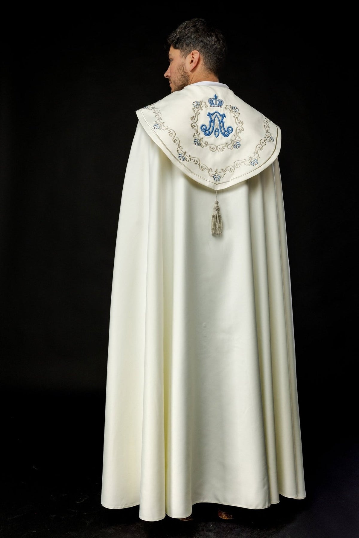 Cope back view with blue Marian symbol, crown and gold embroidery