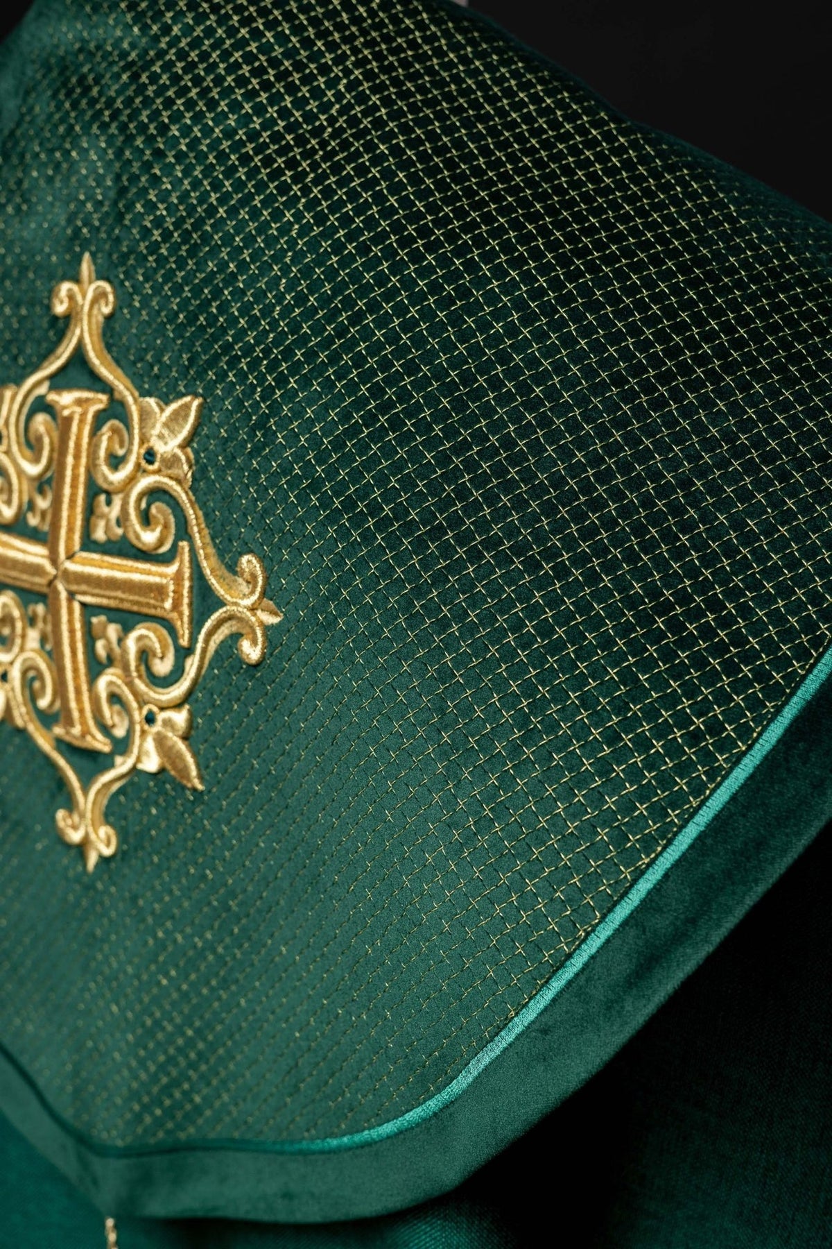Green velvet cope, close-up of diamond embroidery and orphrey edging