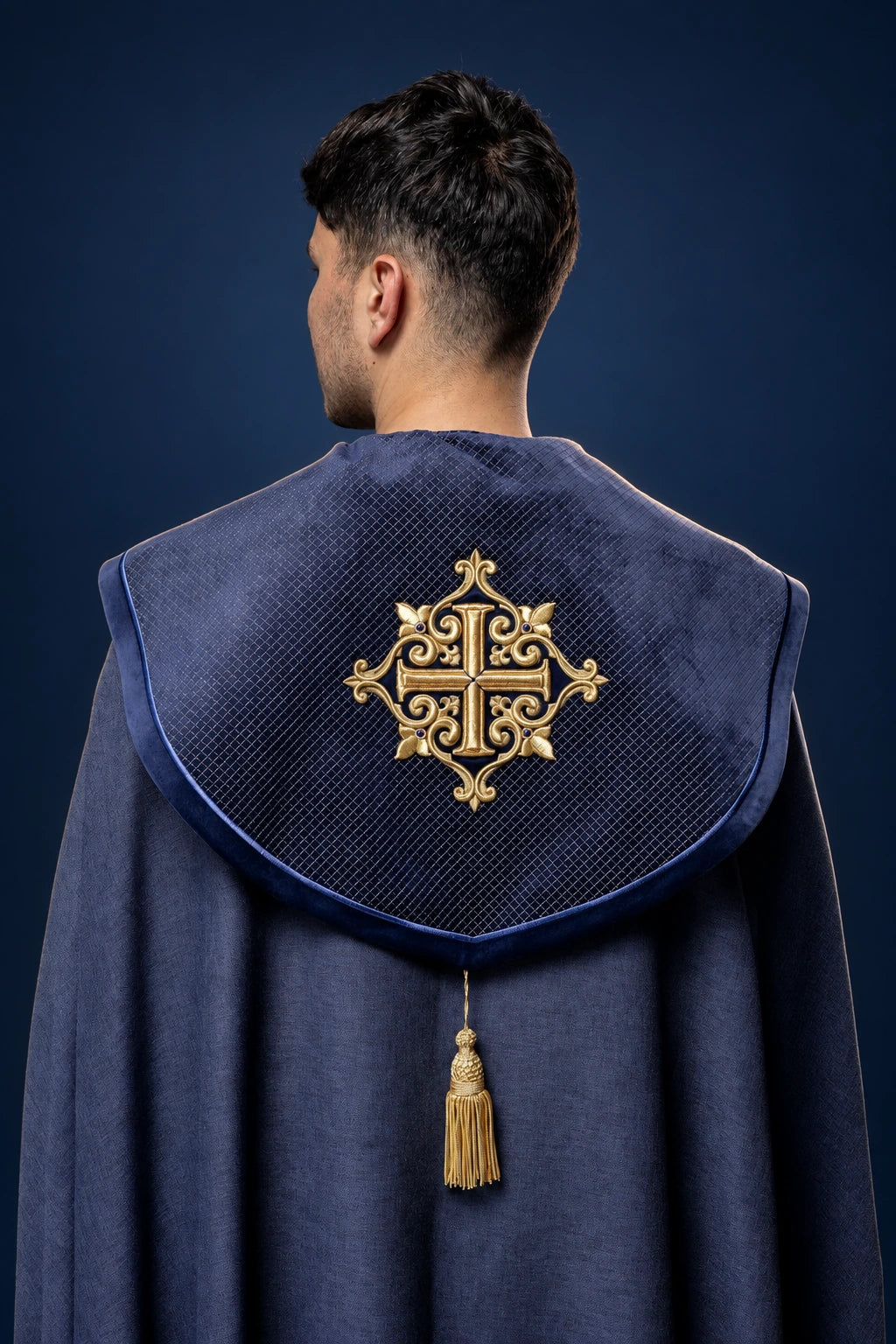 Liturgical Cope with Purple Velvet Orphrey and Embroidered Crosses, back view