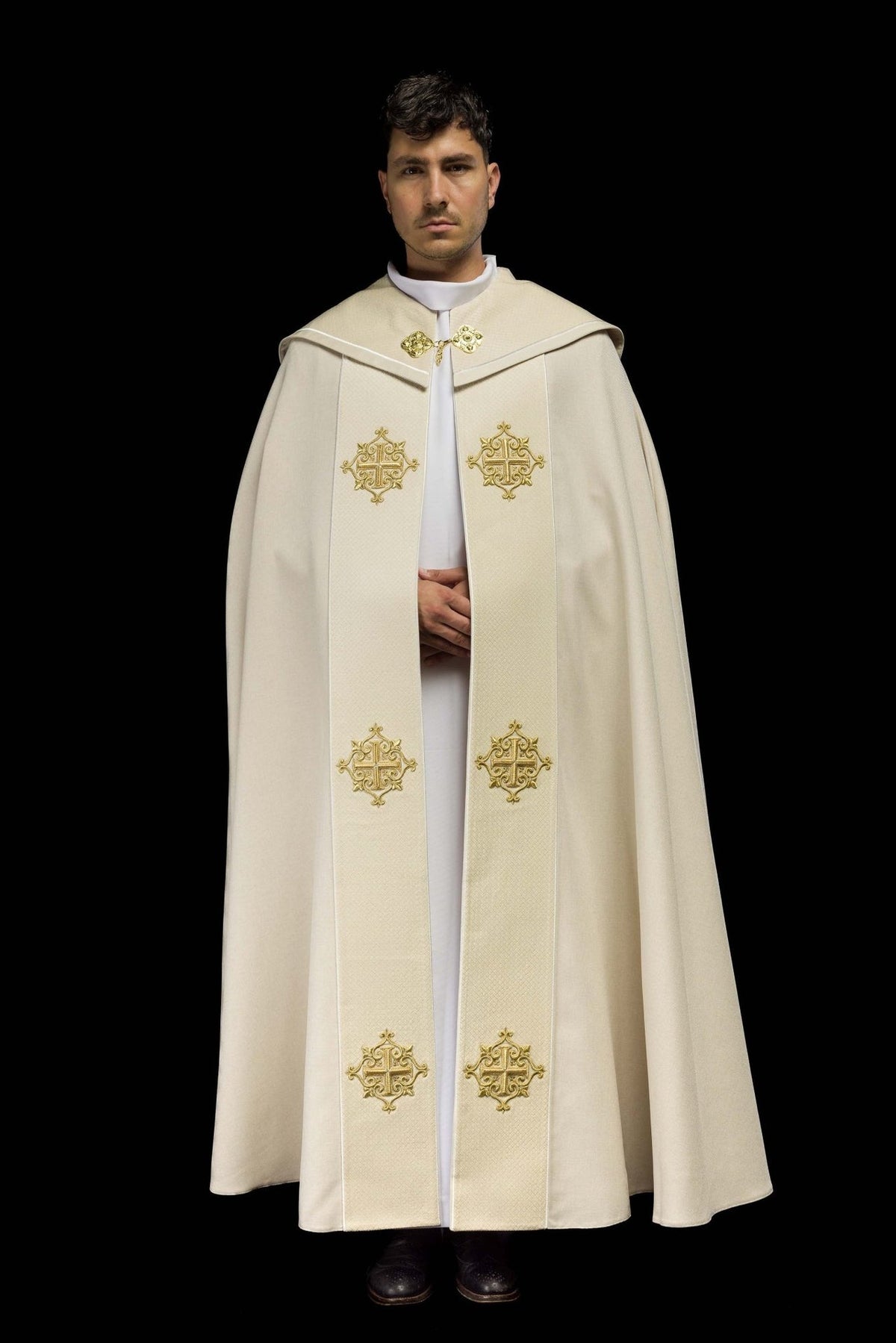 Ecru cope front view with velvet orphrey and six gold cross embroideries