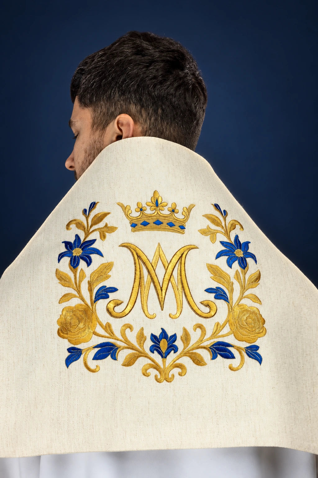 Ecru Embroidered Humeral Veil with Marian Symbol, back view with gold and blue Marian embroidery